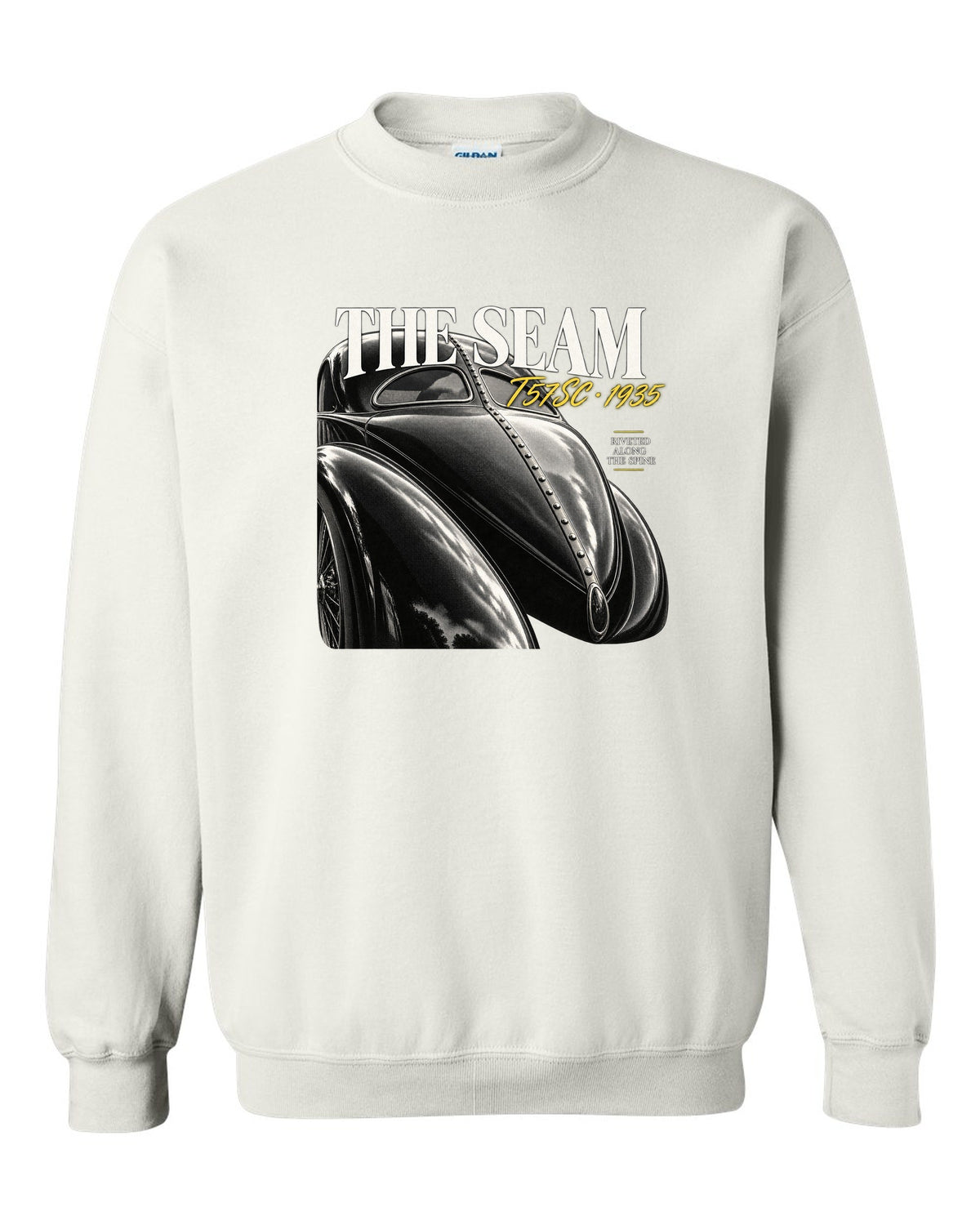 Close macro print of the riveted dorsal seam on a 1935 Bugatti Type 57SC Atlantic white crewneck front view with the design