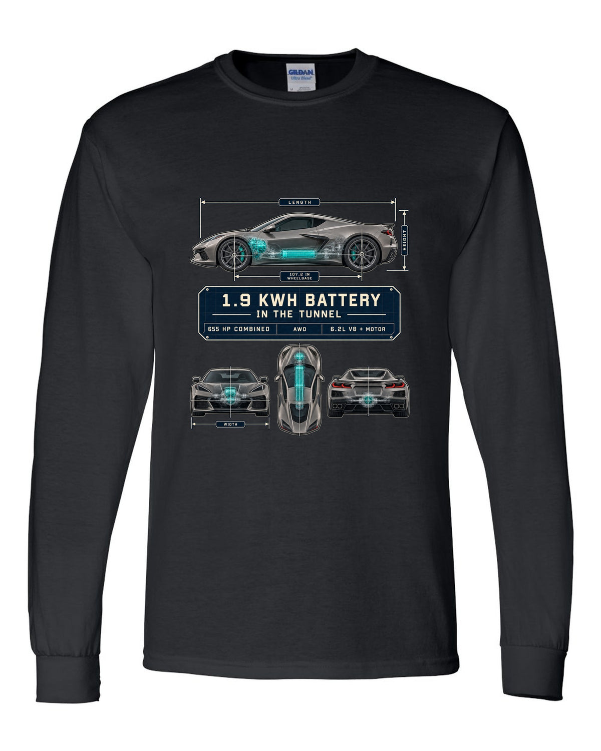 Dimension blueprint print of a Chevrolet Corvette C8 E-Ray with 1.9 kWh battery in the tunnel black long sleeve front view with the design