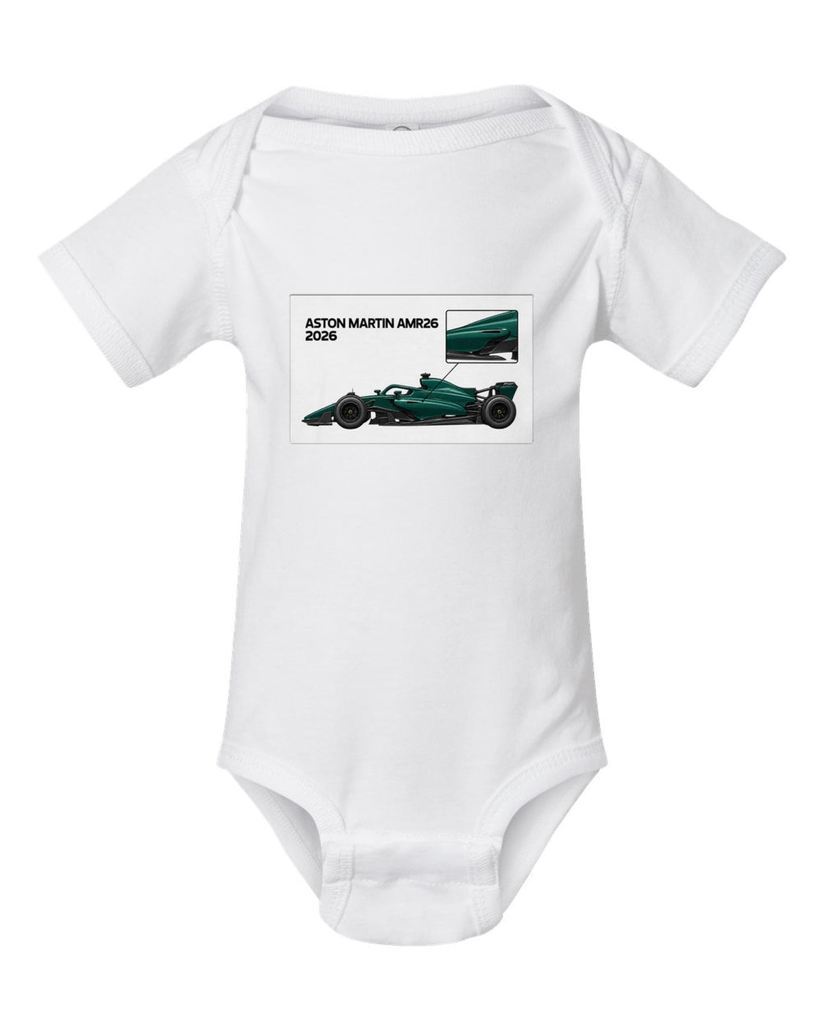 Aston Martin AMR26 2026 F1 car technical poster artwork white baby onesie front view with the design