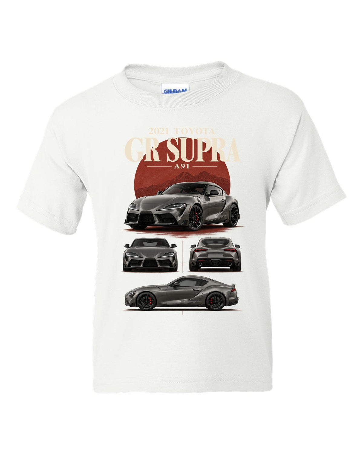 Graphite halftone front three-quarter of the Toyota GR Supra A90 with Made in Graz text white kids tee front view with the design