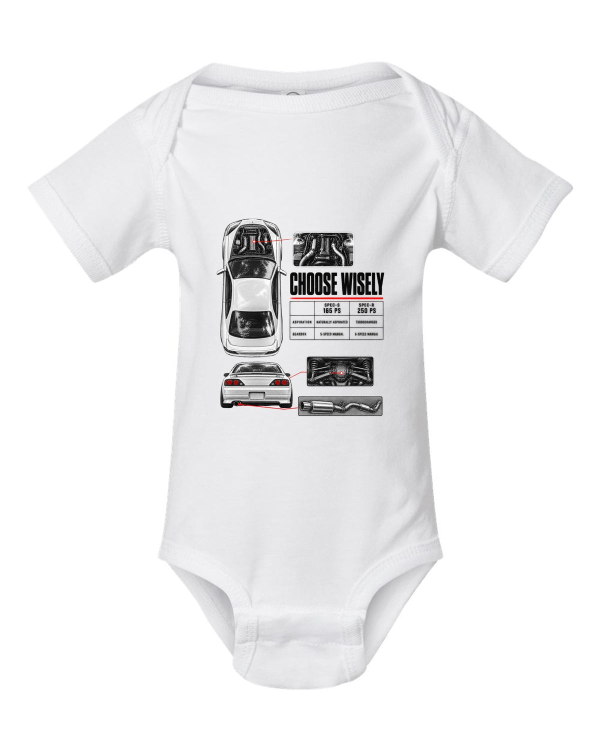Spec poster of a Nissan Silvia S15 comparing Spec-S 165 PS and Spec-R 250 PS with Choose Wisely lettering white baby onesie front view with the design