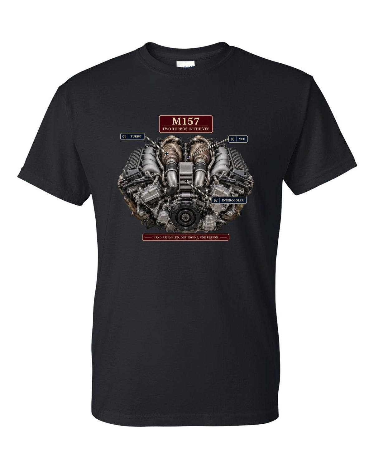 Engine hero print of the Mercedes-AMG M157 5.5 biturbo V8 from the W212 E63 S black t-shirt front view with the design