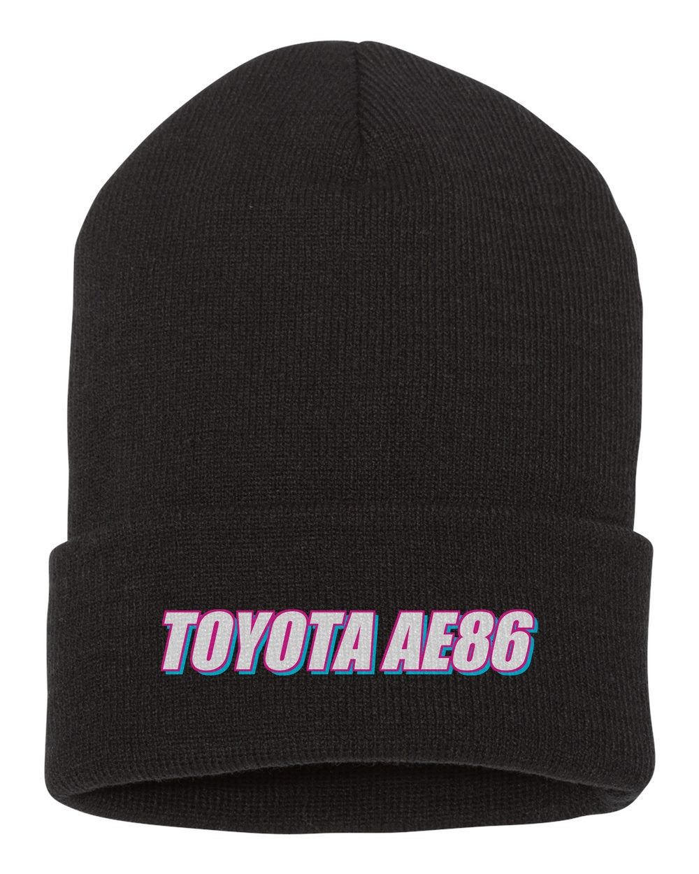 Toyota Ae86 black beanie front view with car name