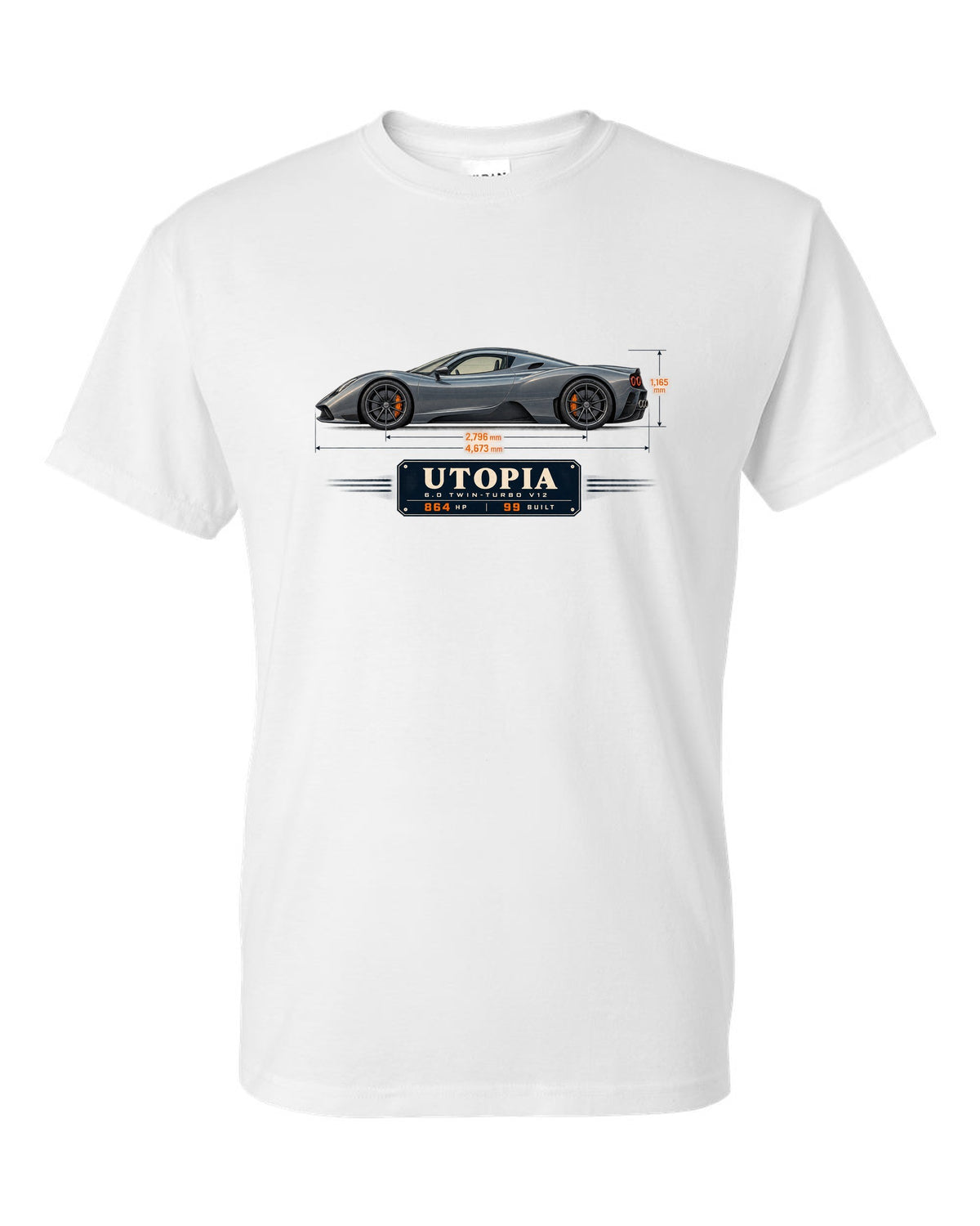 Blueprint print of the Pagani Utopia coupe with the text 6.0 twin-turbo V12, 864 hp, 99 built white t-shirt front view with the design