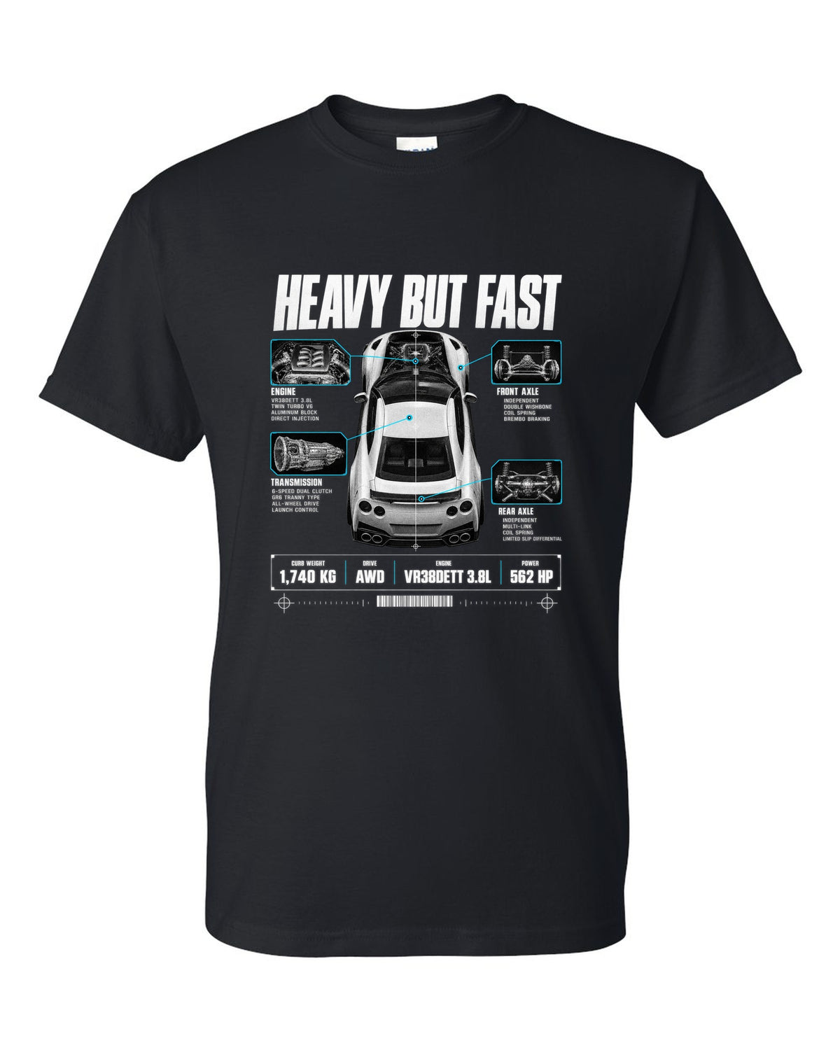 Top-down and profile spec poster of a Nissan GT-R R35 with 1,740 kg curb weight and VR38DETT lettering black t-shirt front view with the design