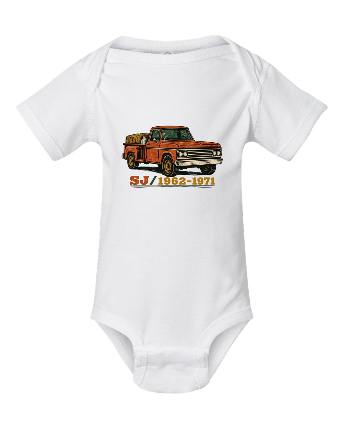 Woodcut style print of a Jeep Gladiator SJ pickup with SJ 1962-1971 lettering white baby onesie front view with the design