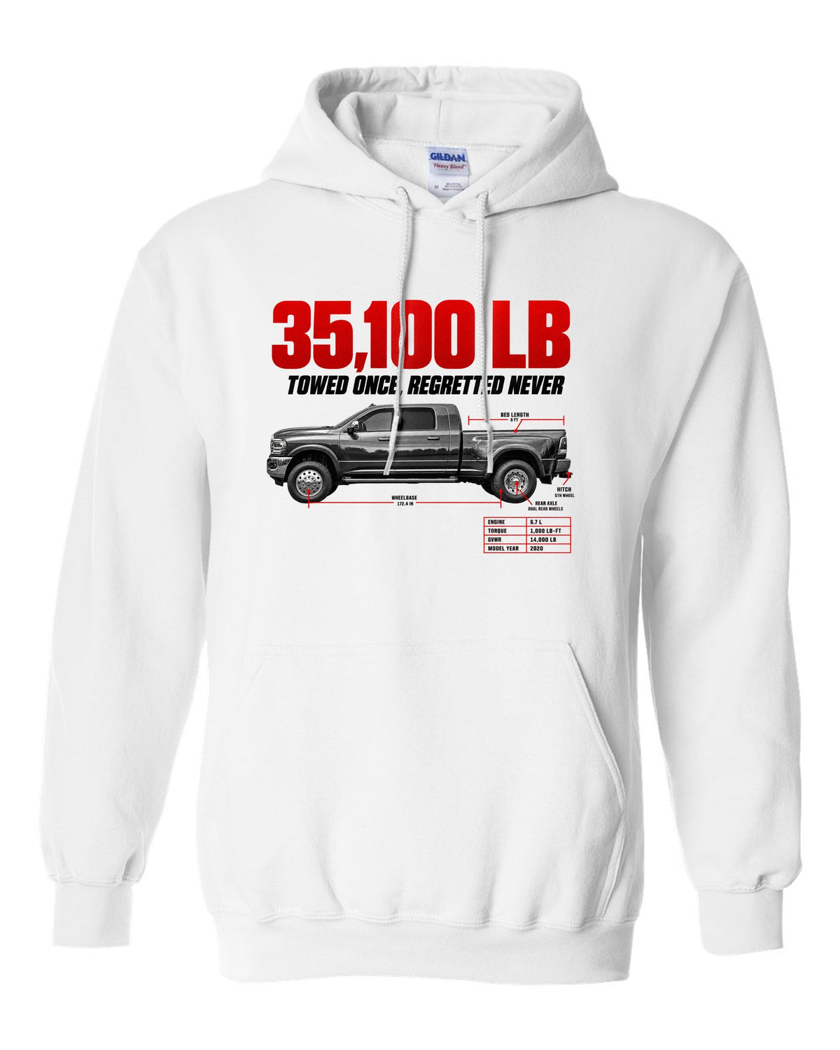 Ram 3500 5th Gen Side Profile Spec Poster Tee, 35,100 Lb white pull over hoodie front view with the design