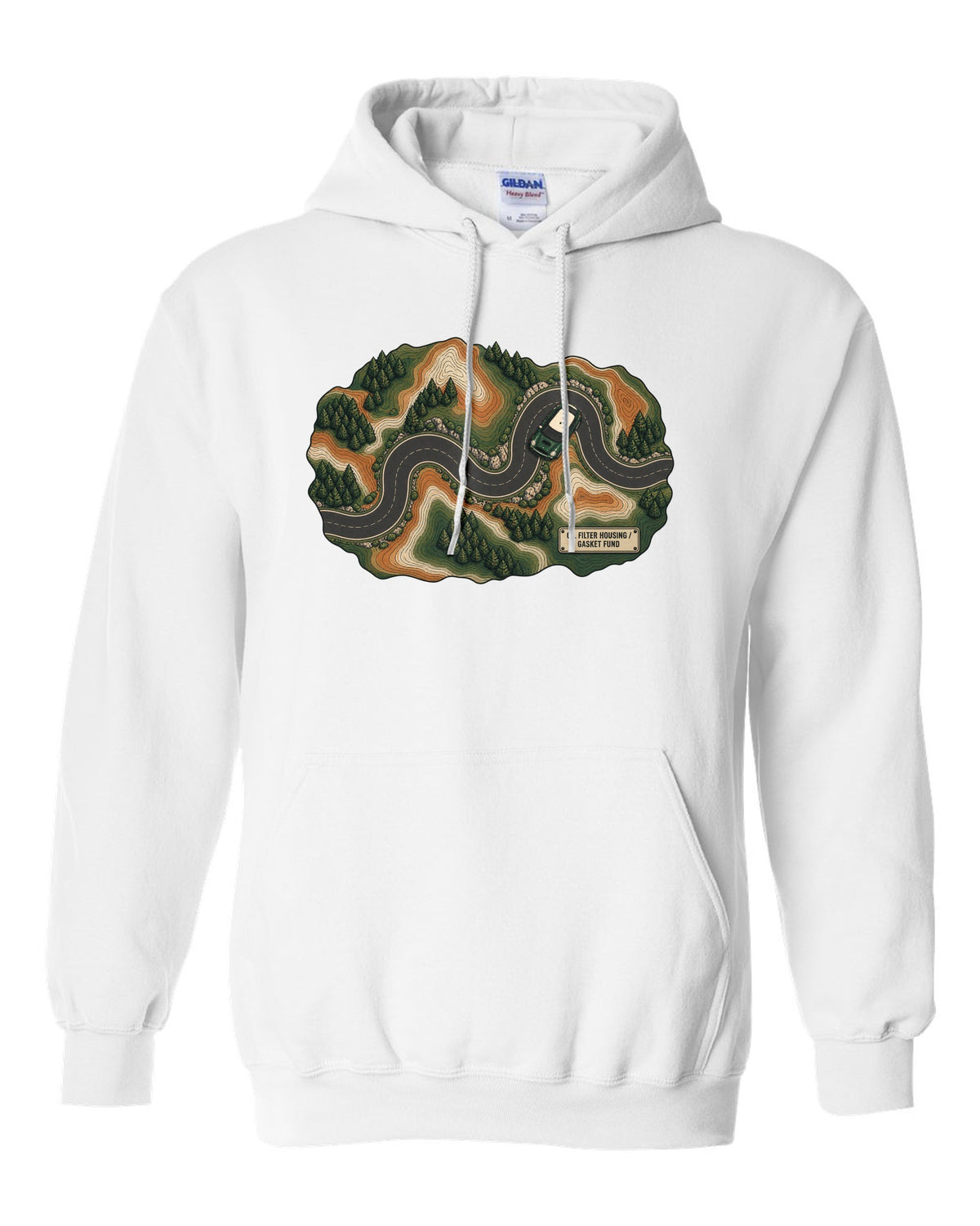 Topographic route map design of a Mini Cooper S R56 with gasket fund text white pull over hoodie front view with the design