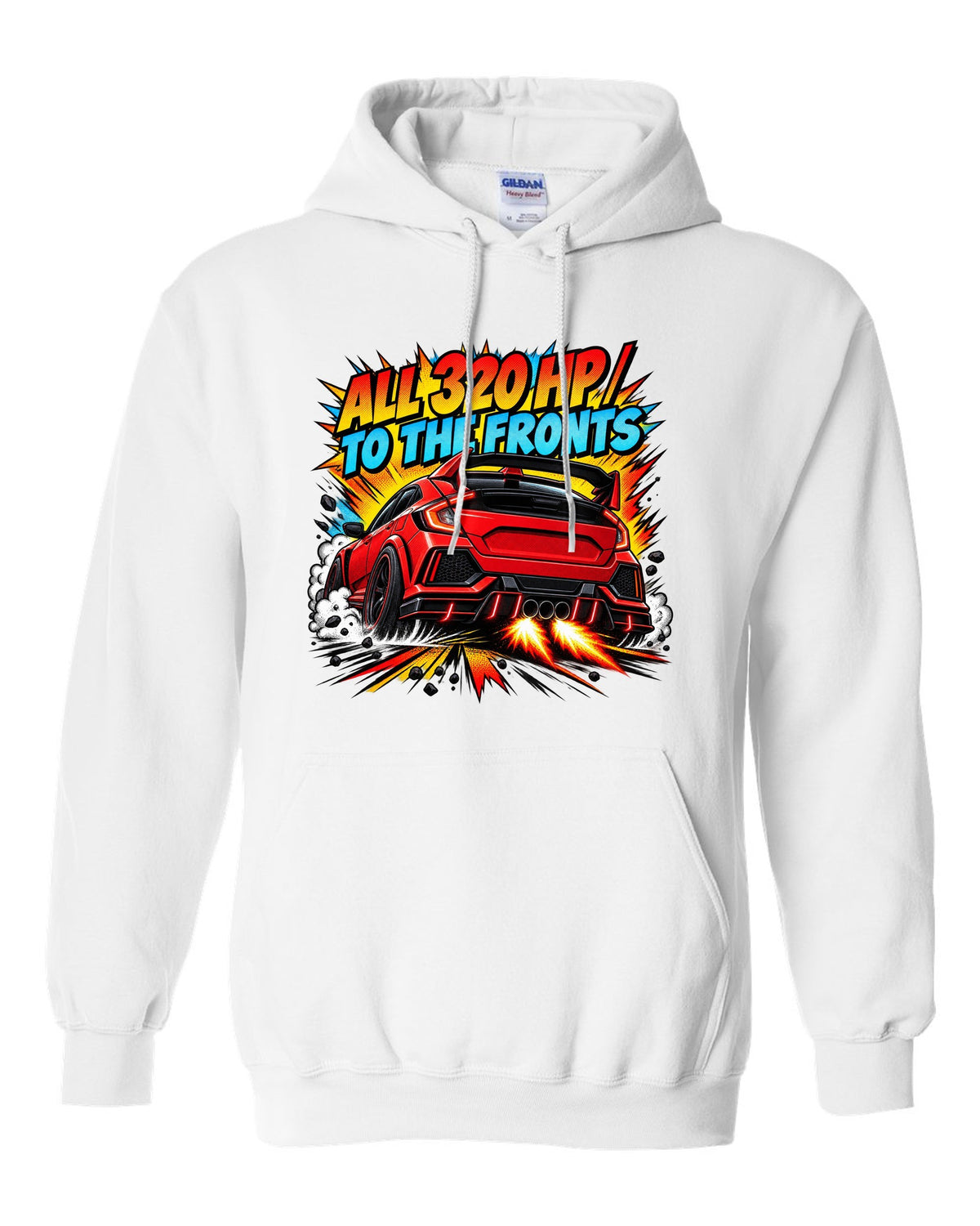 Halftone comic print of a Honda Civic Type R FK8 with triple exhaust and 320 HP text white pull over hoodie front view with the design