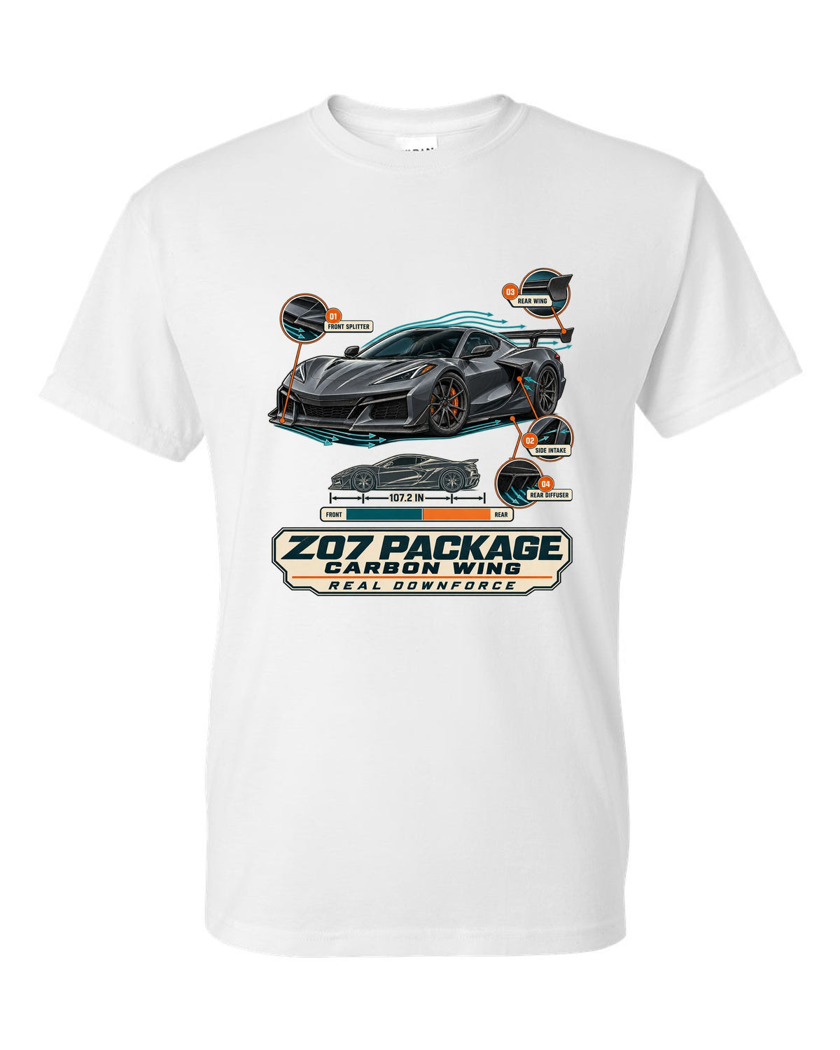 Aero callouts print of a Chevrolet Corvette C8 Z06 with Z07 package and carbon wing white t-shirt front view with the design
