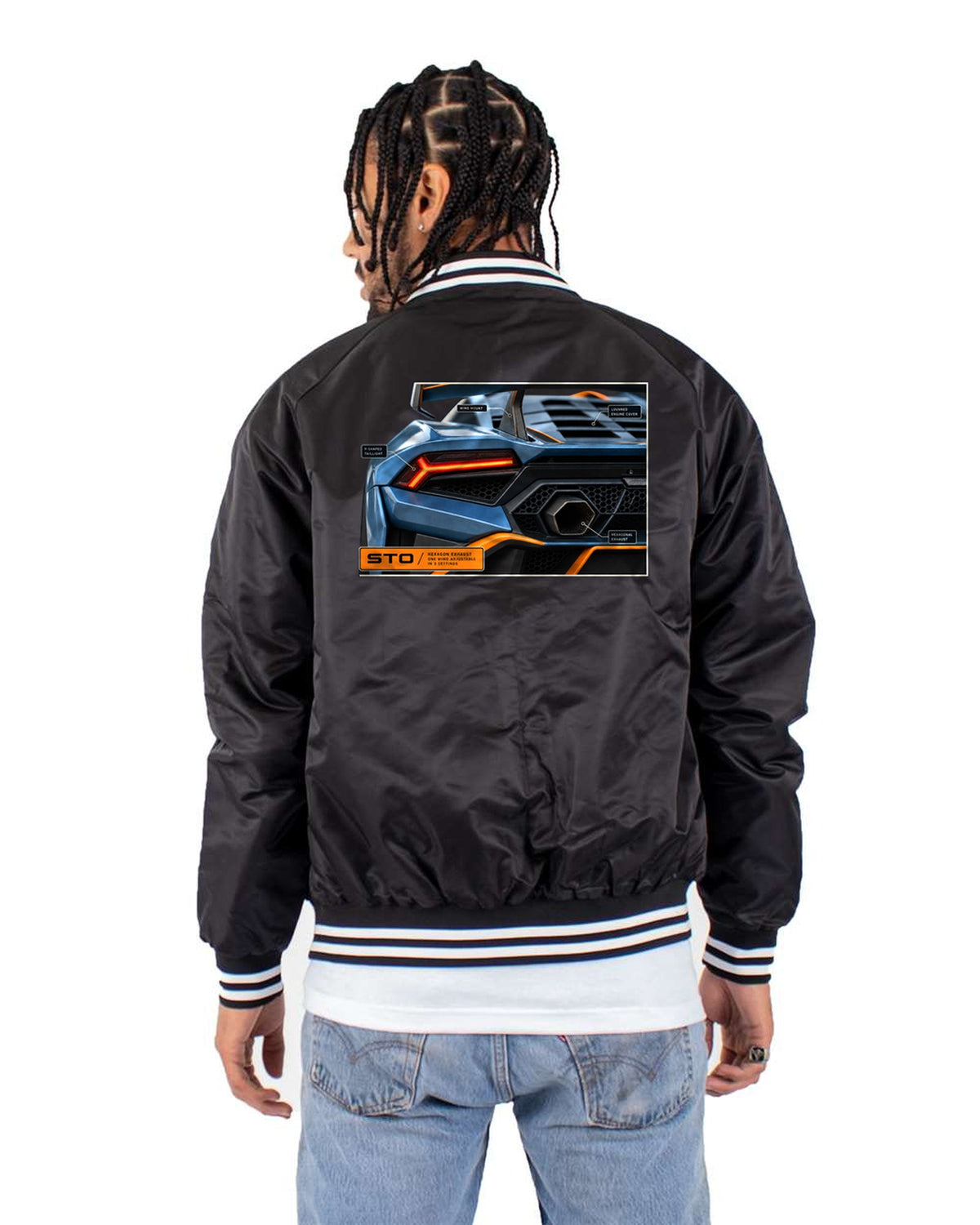Lamborghini Huracan STO Taillight Macro Tee, Hex Exhaust Bomber Jacket Black back
