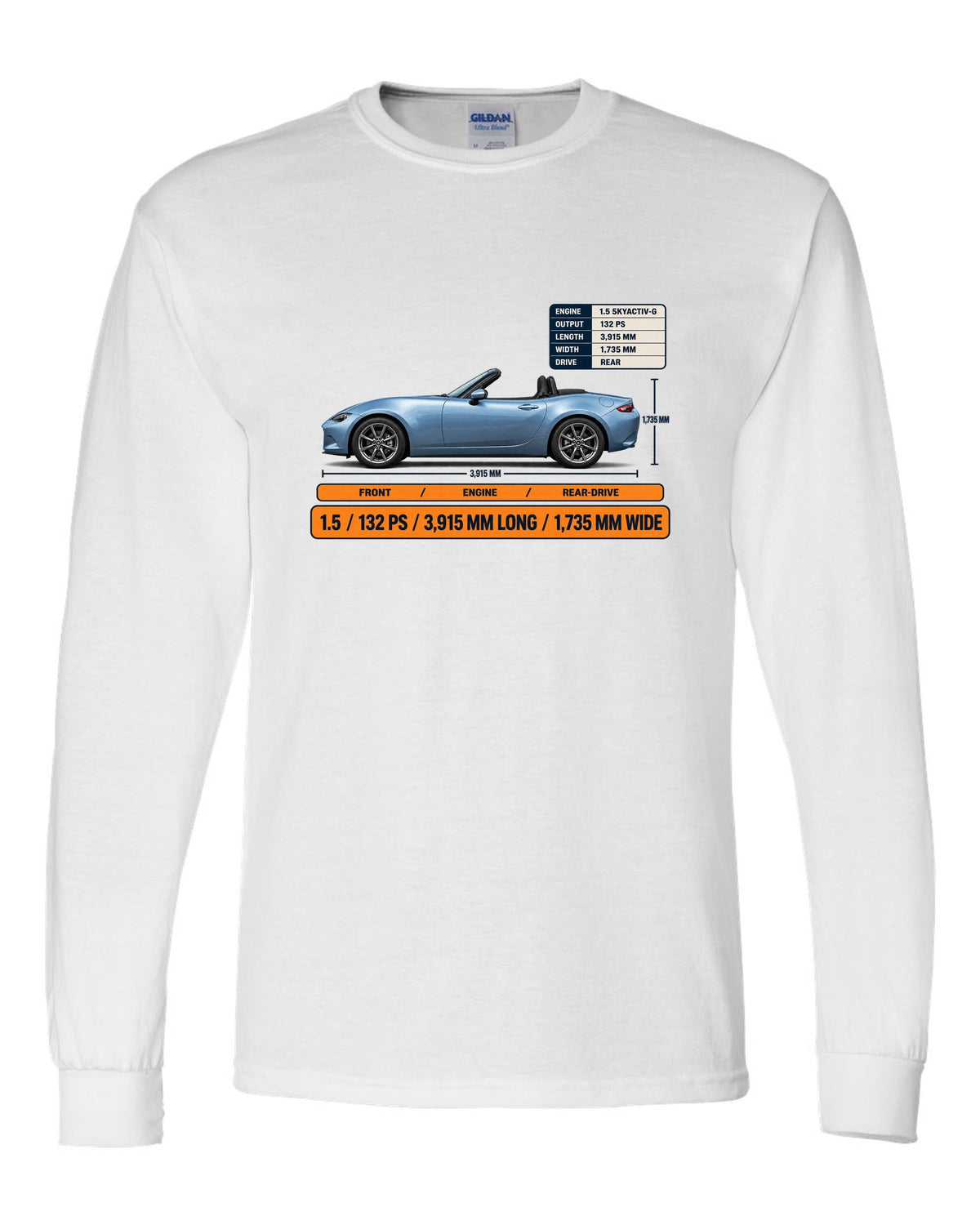 Mazda MX-5 ND 1.5 SKYACTIV-G spec poster print showing power and dimensions white long sleeve front view with the design
