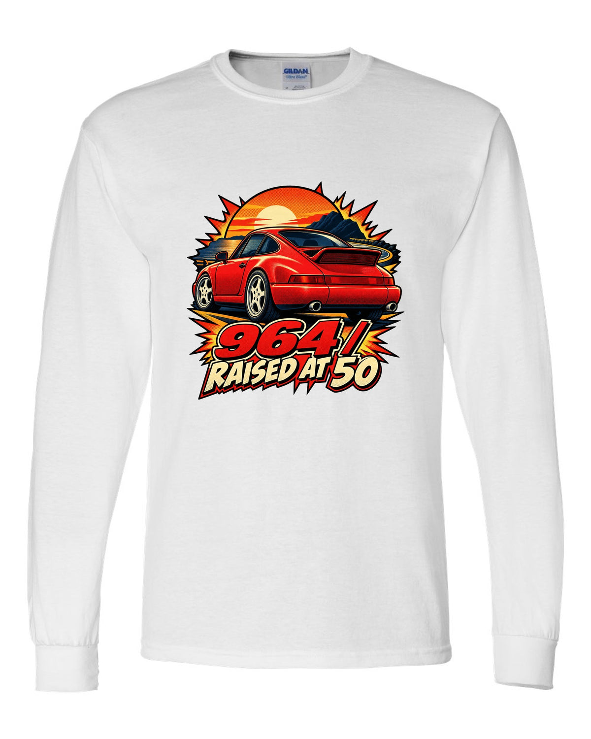 Comic dot-ink illustration of a Porsche 911 Carrera 964 with its spoiler raised white long sleeve front view with the design