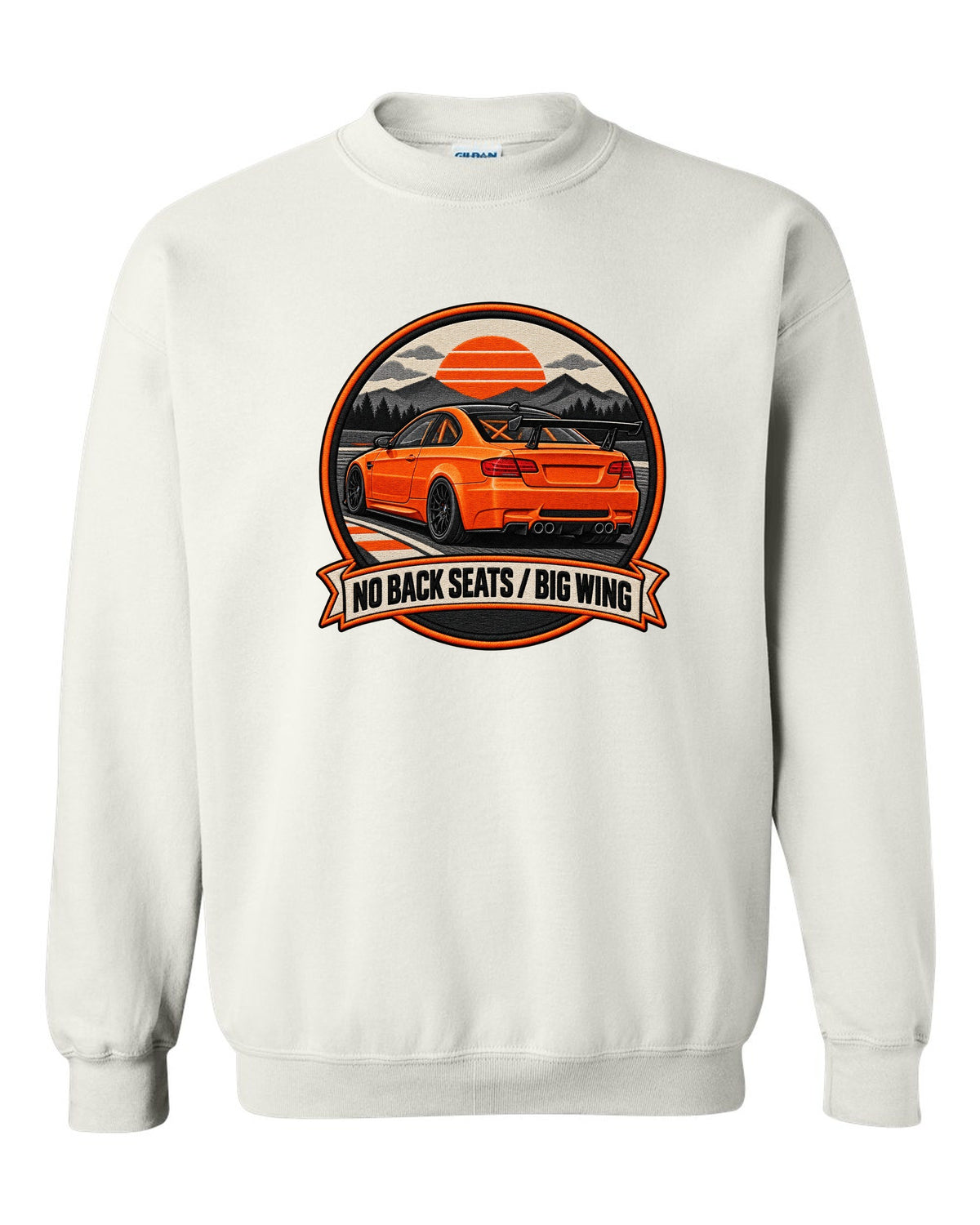 BMW E92 M3 GTS crest print with no back seats big wing text white crewneck front view with the design