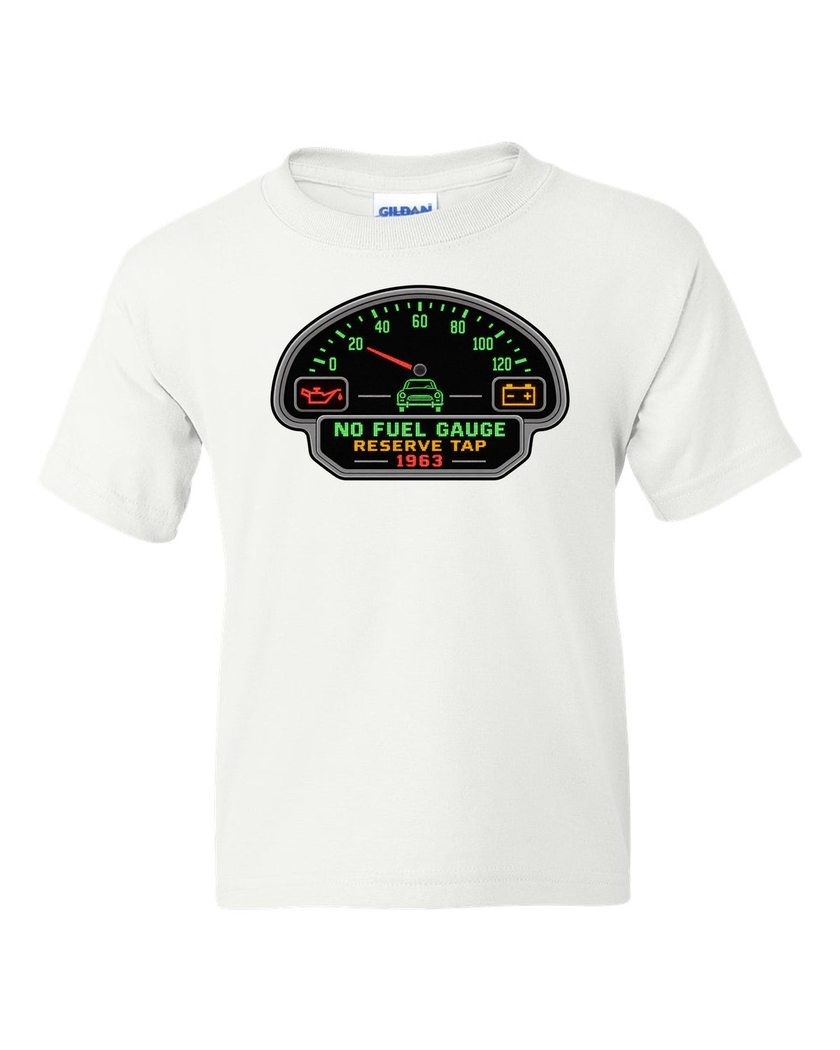 Pixel LED segmented display print of a 1963 VW Beetle Type 1 dashboard with fuel gauge joke white kids tee front view with the design