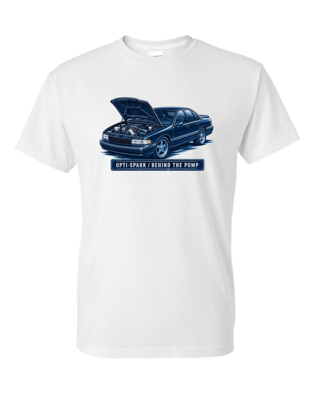 Cyanotype white-line illustration of a 1995 Chevrolet Impala SS with Opti-Spark lettering white t-shirt front view with the design