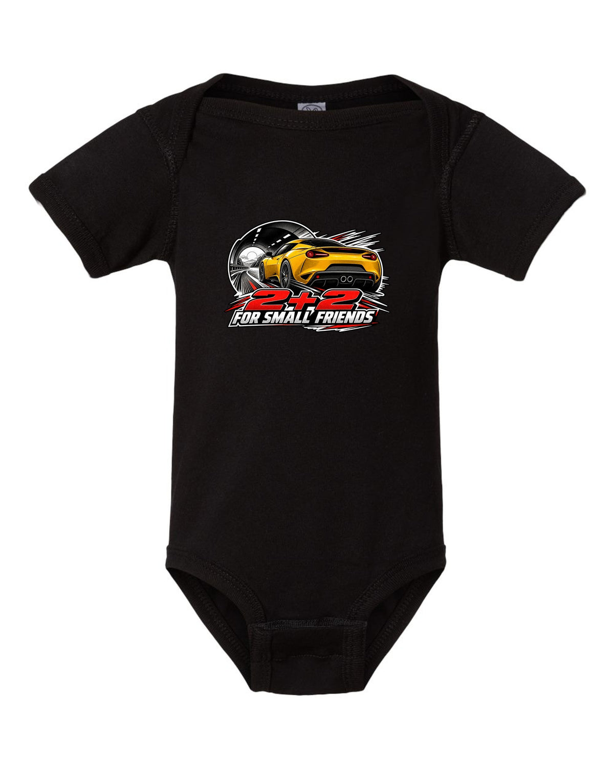 Lotus Evora rear view in retro manga halftone with 2+2 FOR SMALL FRIENDS lettering black baby onesie front view with the design