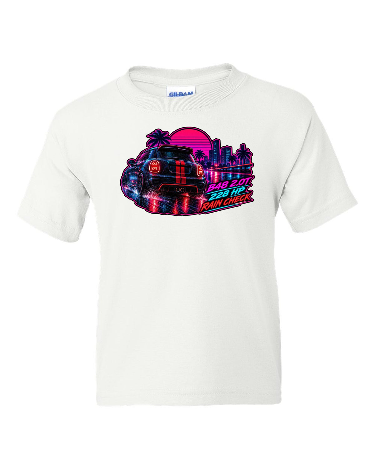 Synthwave print of a Mini JCW F56 rear with Union Jack tail lights and B48 228 HP text white kids tee front view with the design