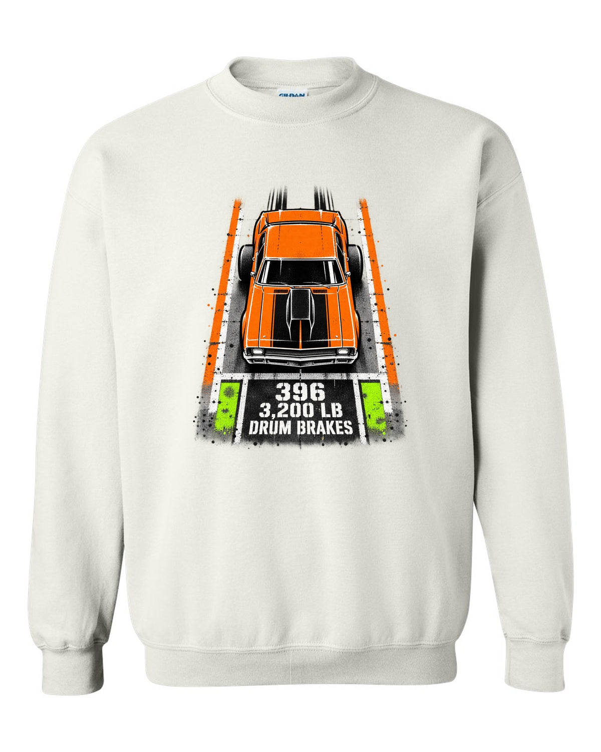 Stencil spray street art print of a 1970 Chevrolet Nova SS 396 with the text 396, 3,200 LB, Drum Brakes white crewneck front view with the design
