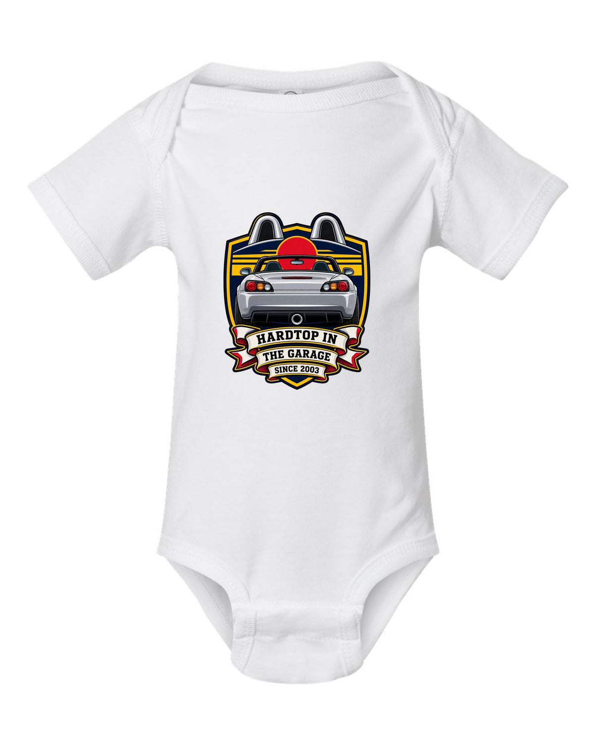 Embroidery patch style print of a 1999 Honda S2000 AP1 roadster with hardtop in the garage text white baby onesie front view with the design