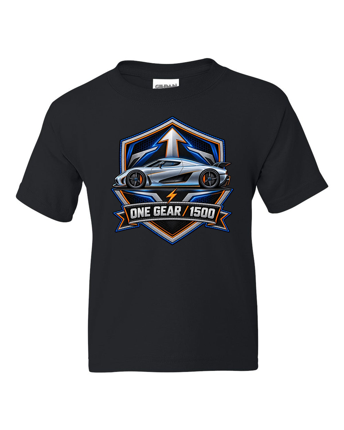 Embroidery-style varsity crest for the Koenigsegg Regera with ONE GEAR 1500 lettering black kids tee front view with the design