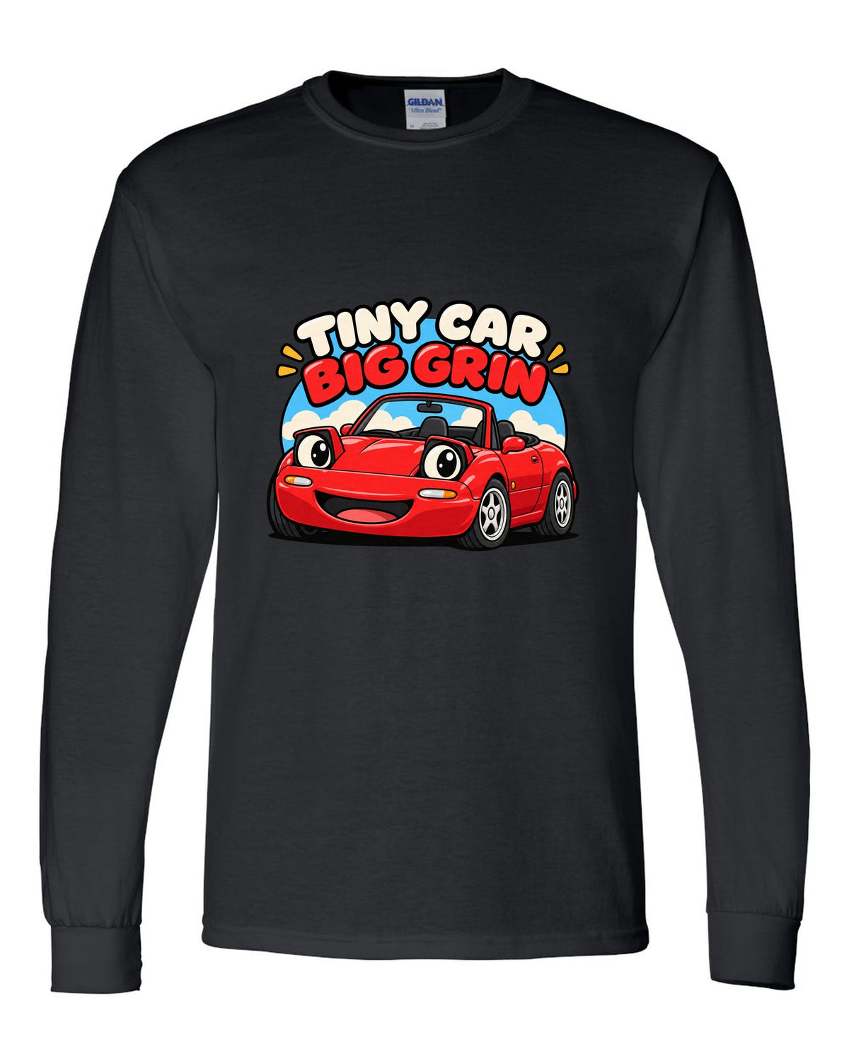 Topographic contour map of a touge road with a Mazda MX-5 ND route black long sleeve front view with the design