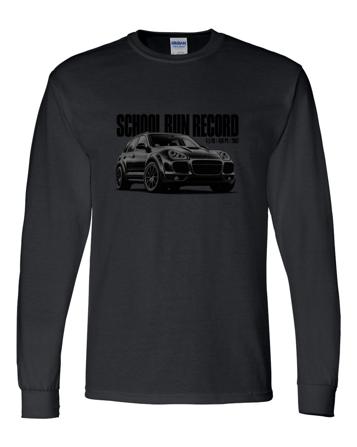 Halftone print of a Porsche Cayenne Turbo 955 with School Run Record caption black long sleeve front view with the design