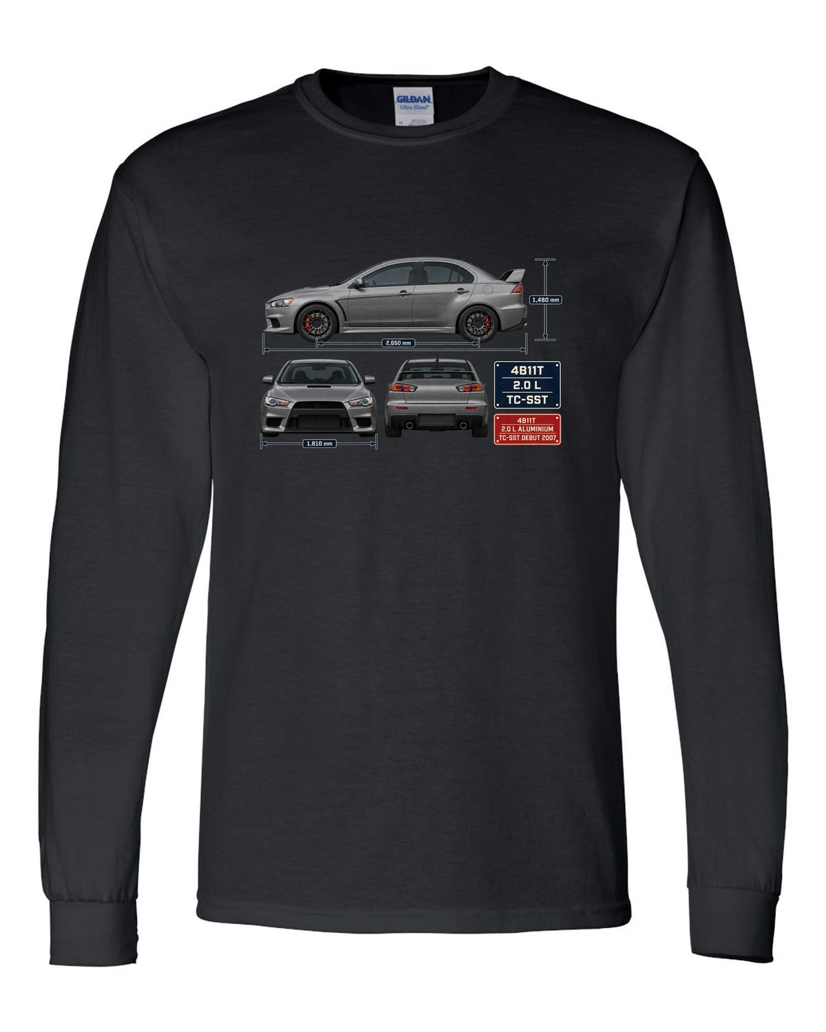 Evo X GSR Three-View Spec Table Tee, Mitsubishi Lancer black long sleeve front view with the design