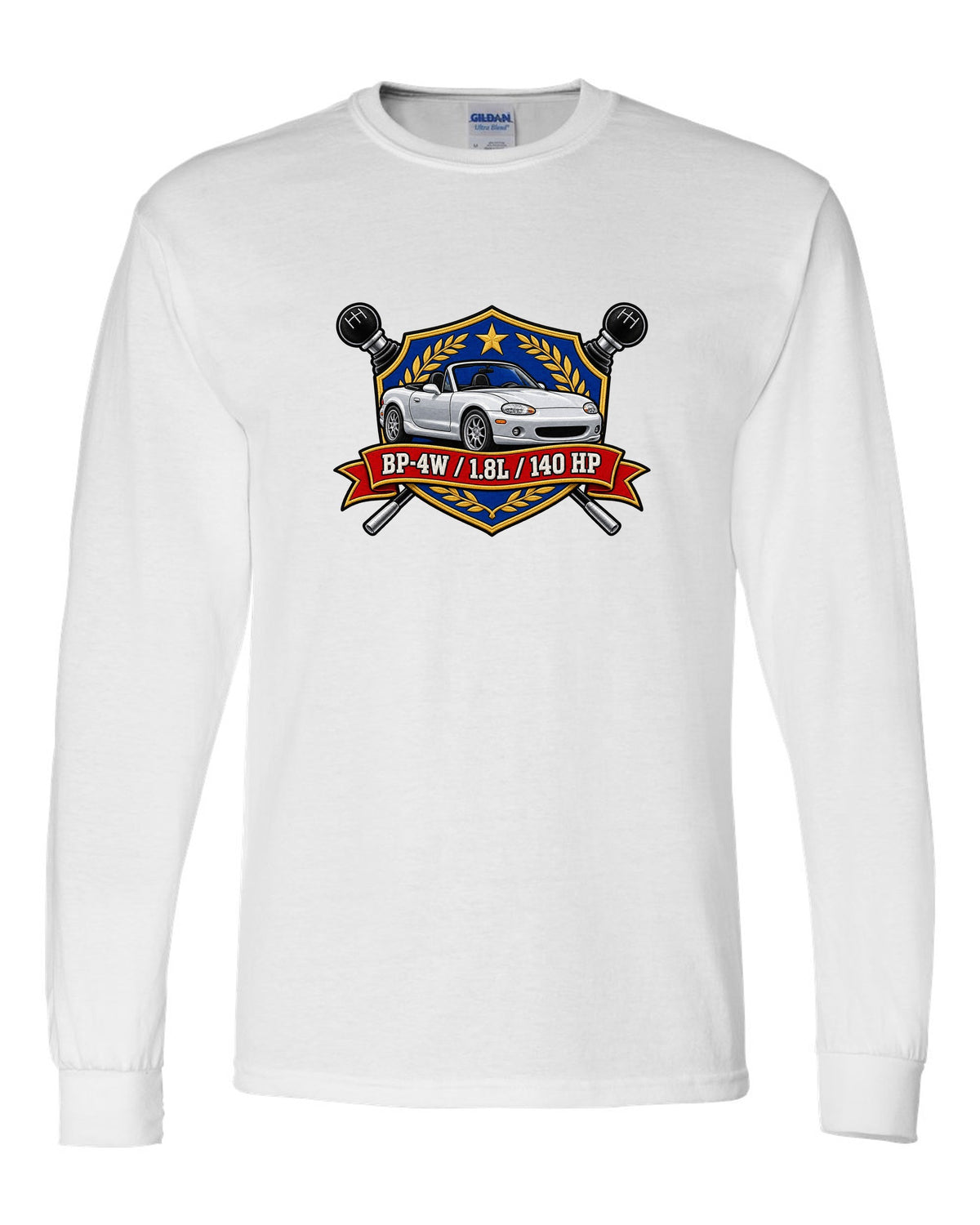 Embroidery-style shield crest of a Mazda MX-5 NB with BP-4W 1.8L 140 HP text white long sleeve front view with the design