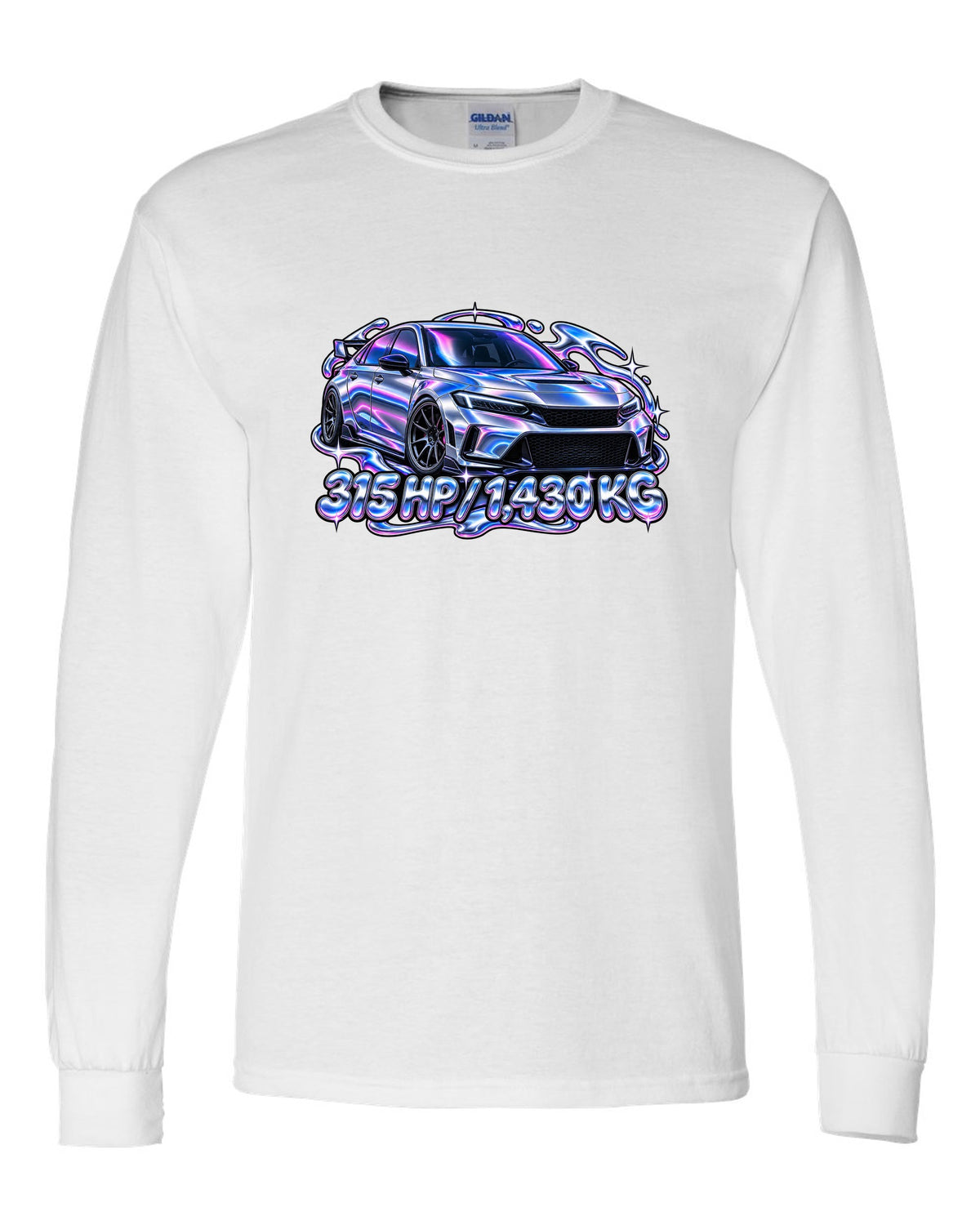 Y2K chrome gradient print of a Honda Civic Type R FL5 with 315 HP and 1,430 KG text white long sleeve front view with the design