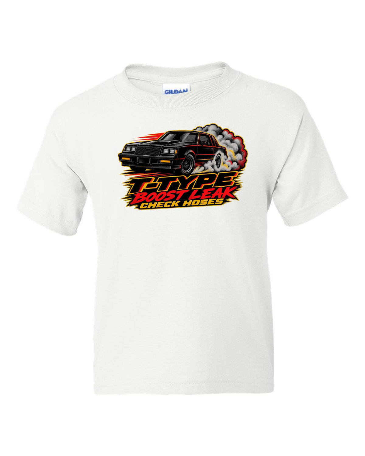 1986 Buick Regal T-Type G-body burnout in halftone screenprint style white kids tee front view with the design