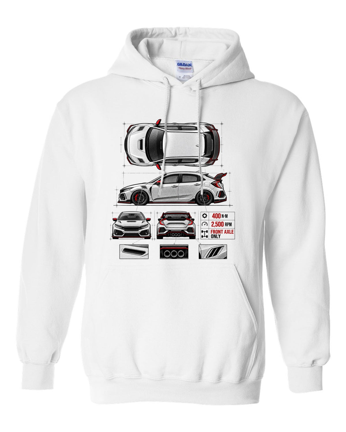 Spec poster print of a 2018 Honda Civic FK8 chback with torque figures white pull over hoodie front view with the design