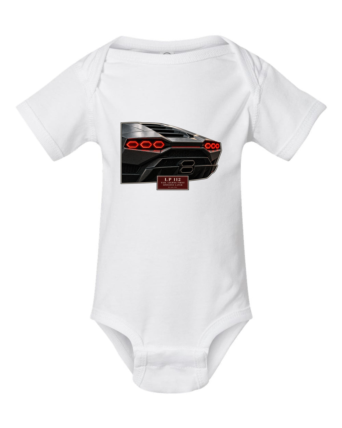 Lamborghini Countach LPI 800-4 taillight macro print with LP 112 lettering white baby onesie front view with the design