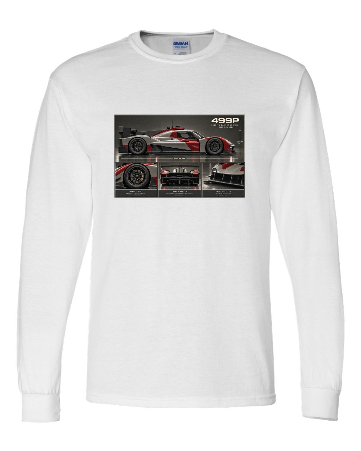 Ferrari 499P dossier panel print noting back-to-back at Le Mans 2023 and 2024 white long sleeve front view with the design