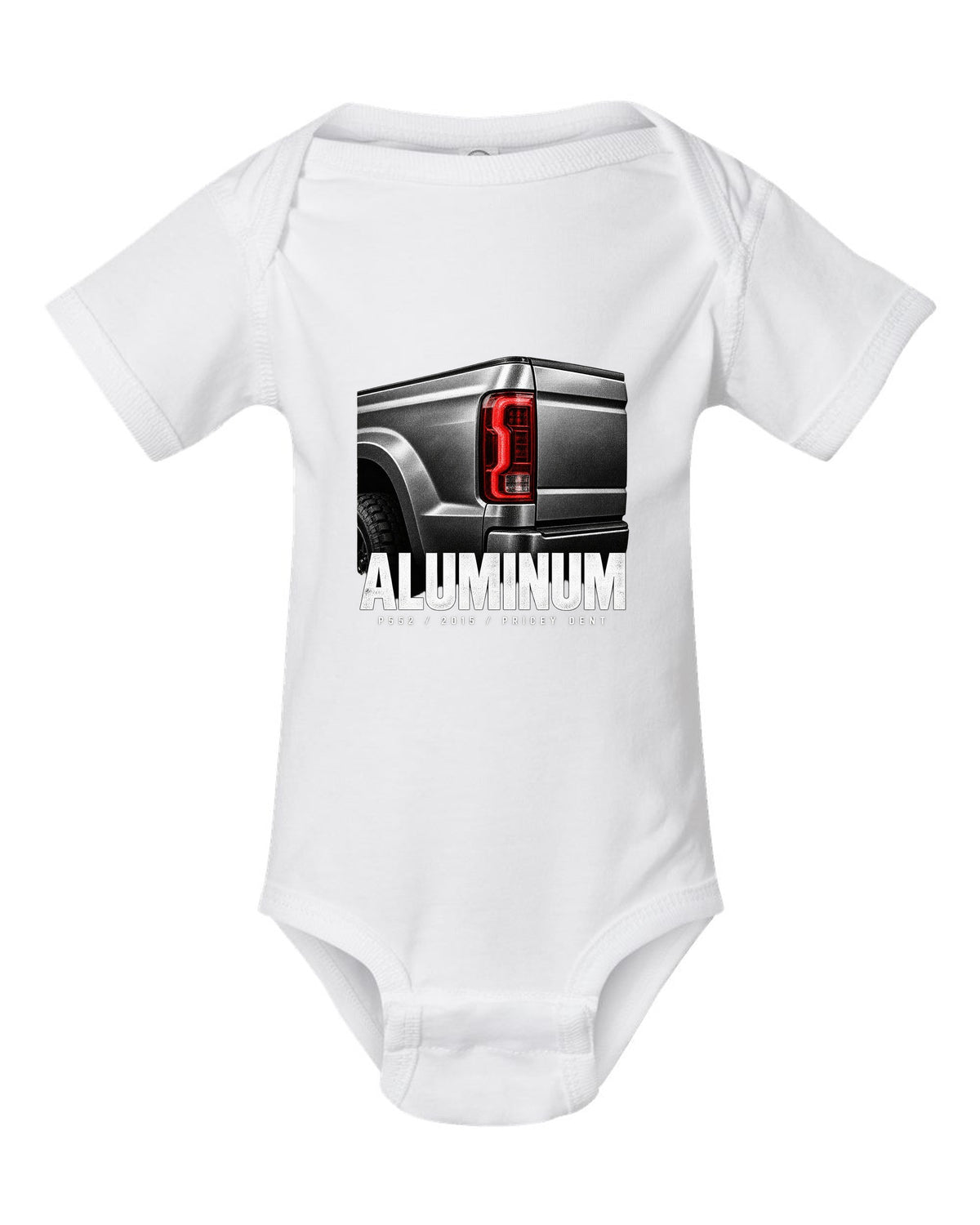 Macro print of a 2015-20 Ford F-150 P552 tailgate with aluminum and pricey dent text white baby onesie front view with the design