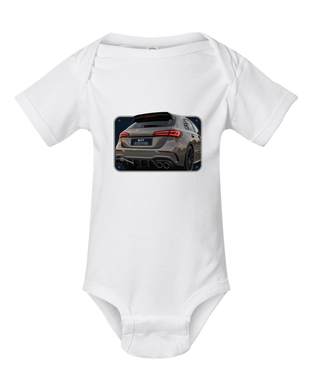 Mercedes-AMG A45 S W177 rear taillight macro detail print white baby onesie front view with the design