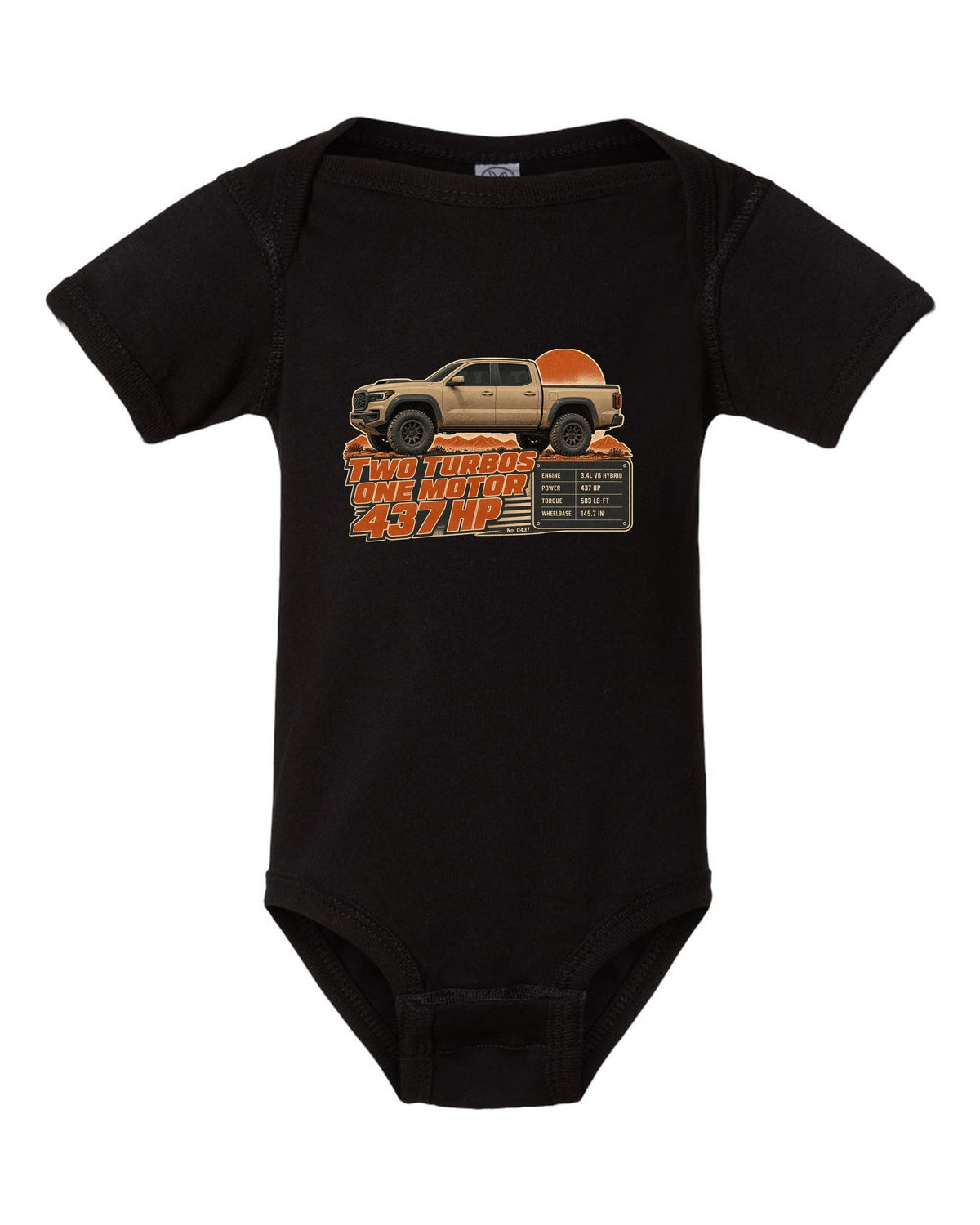 Toyota Tundra TRD Pro i-FORCE MAX hybrid spec poster design black baby onesie front view with the design