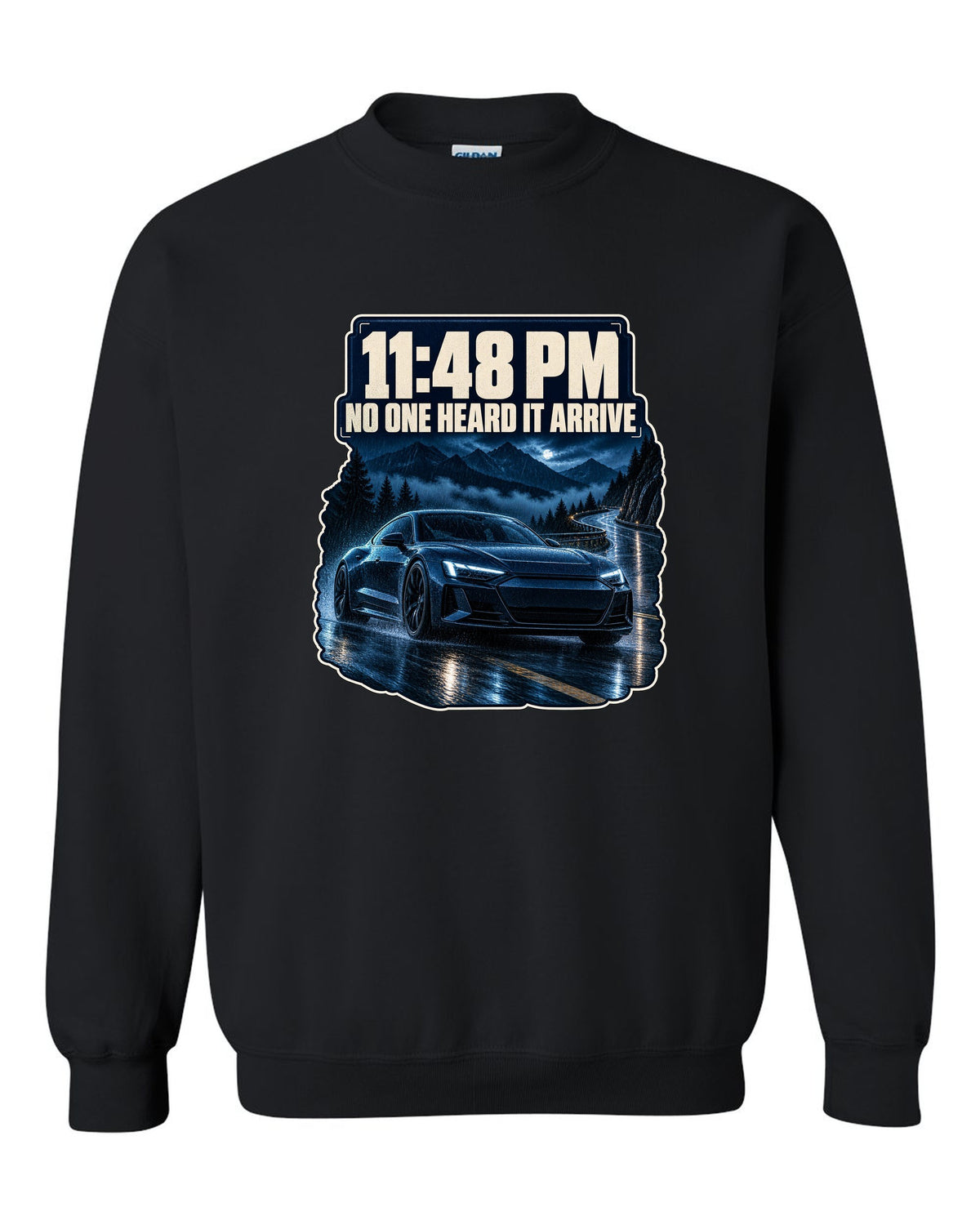 Audi RS e-tron GT on a wet night street blue monochrome print design black crewneck front view with the design