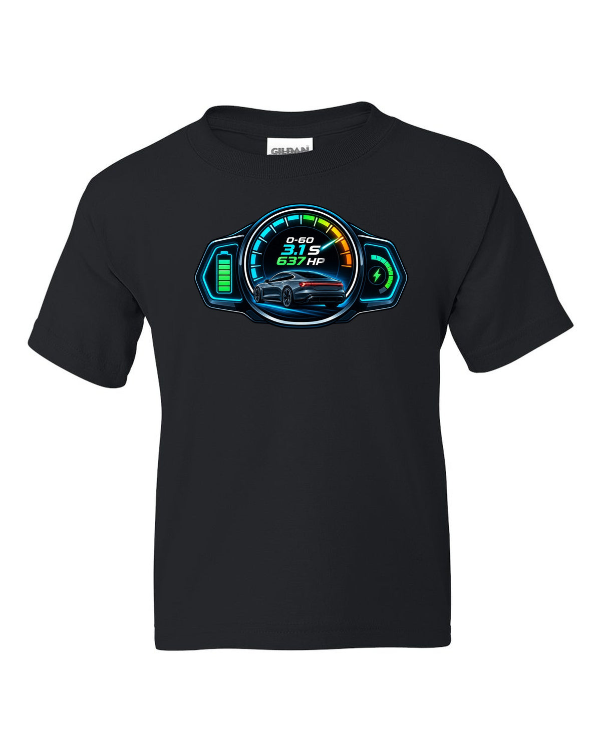 HUD gauge cluster print of an Audi e-tron GT with 0-60 and horsepower figures black kids tee front view with the design