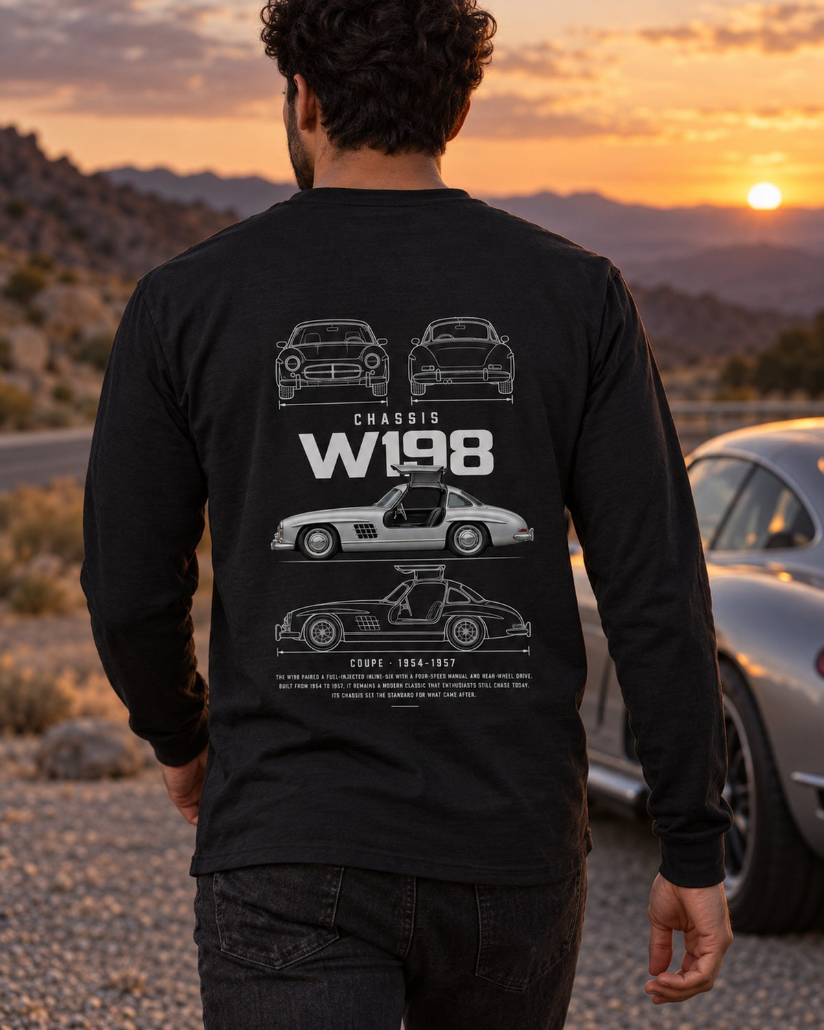 Mercedes 300 SL gullwing coupe Blueprint Full-Back Graphic Tee, W198 Chassis Code Long Sleeve Black worn hero