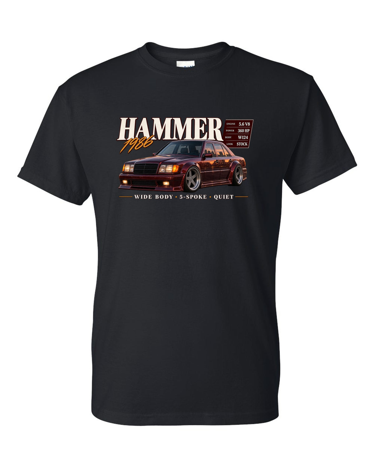 print archive panel of a Mercedes W124 300E 5.6 Hammer with text 5.6 V8 sleeper wide body black t-shirt front view with the design