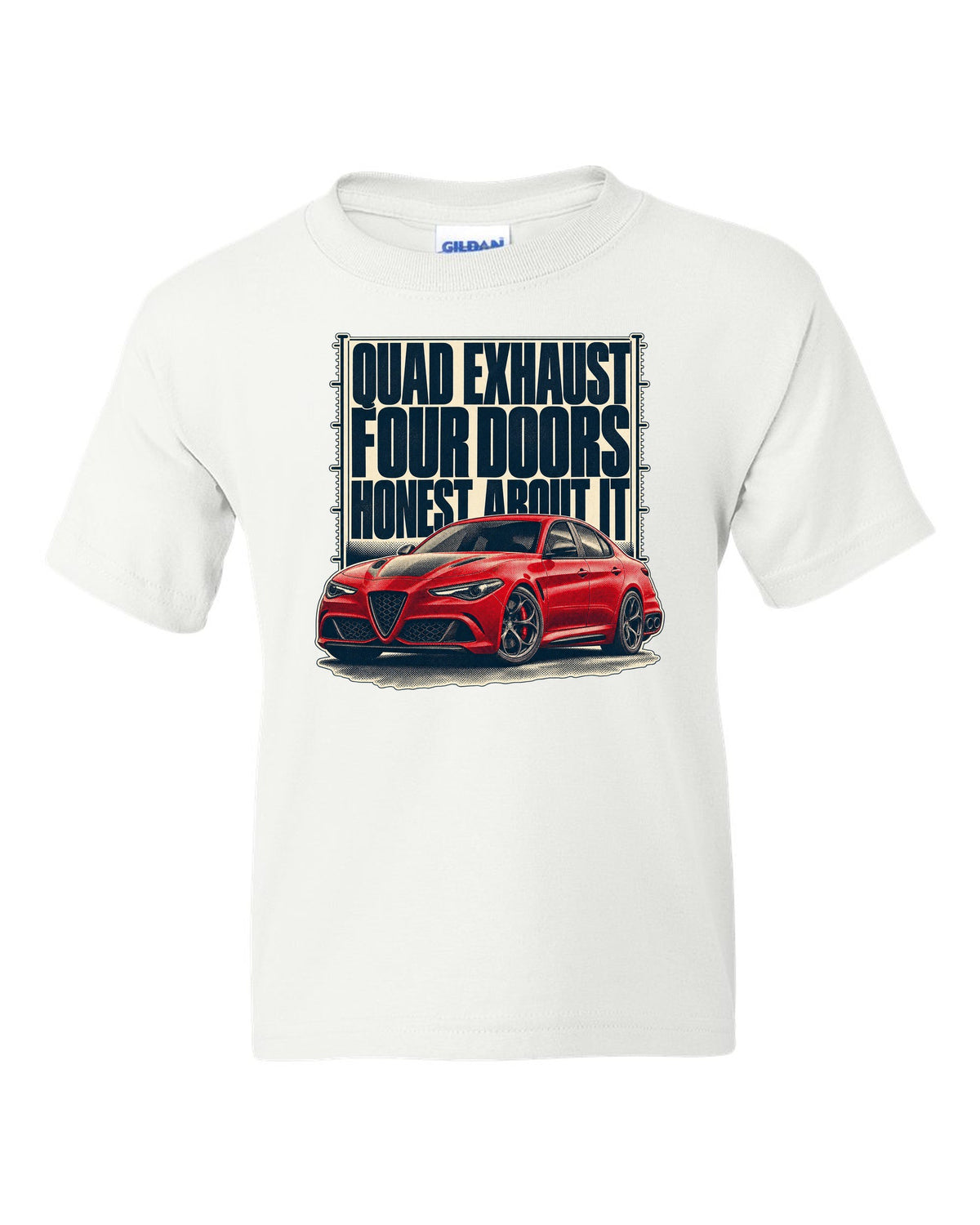 Alfa Romeo Giulia Quadrifoglio halftone statement print white kids tee front view with the design
