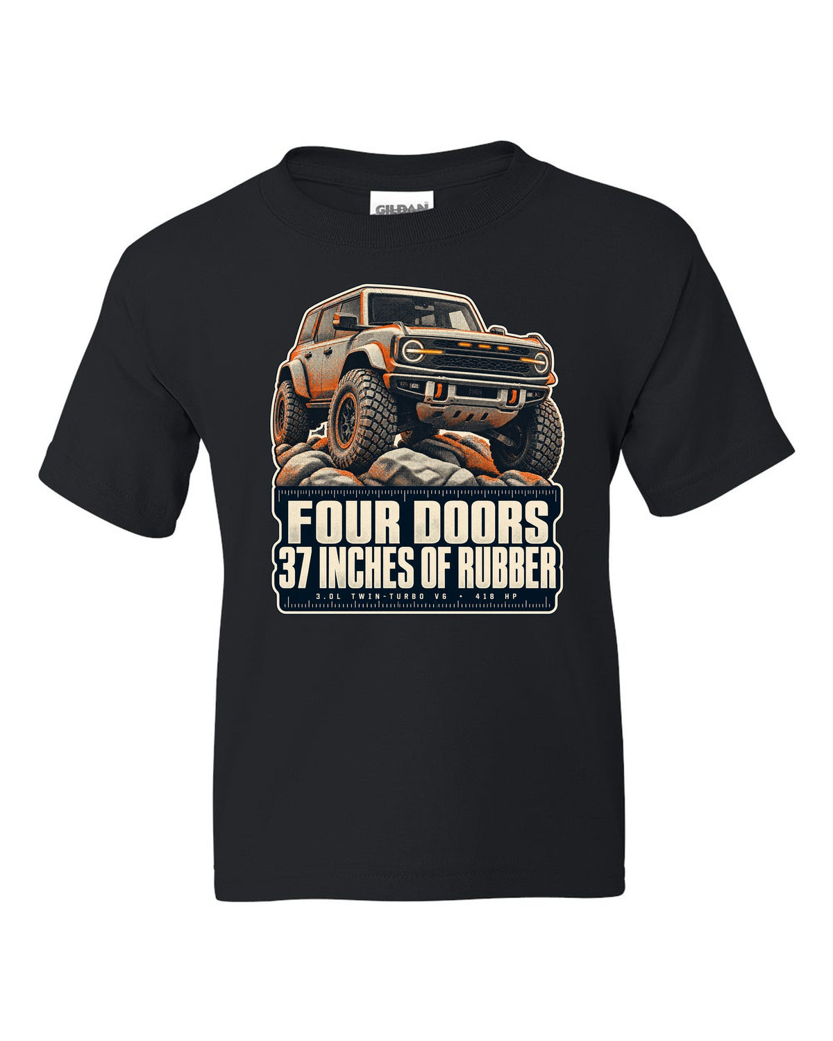 Ford Bronco Raptor halftone print with four doors 37 inches text black kids tee front view with the design