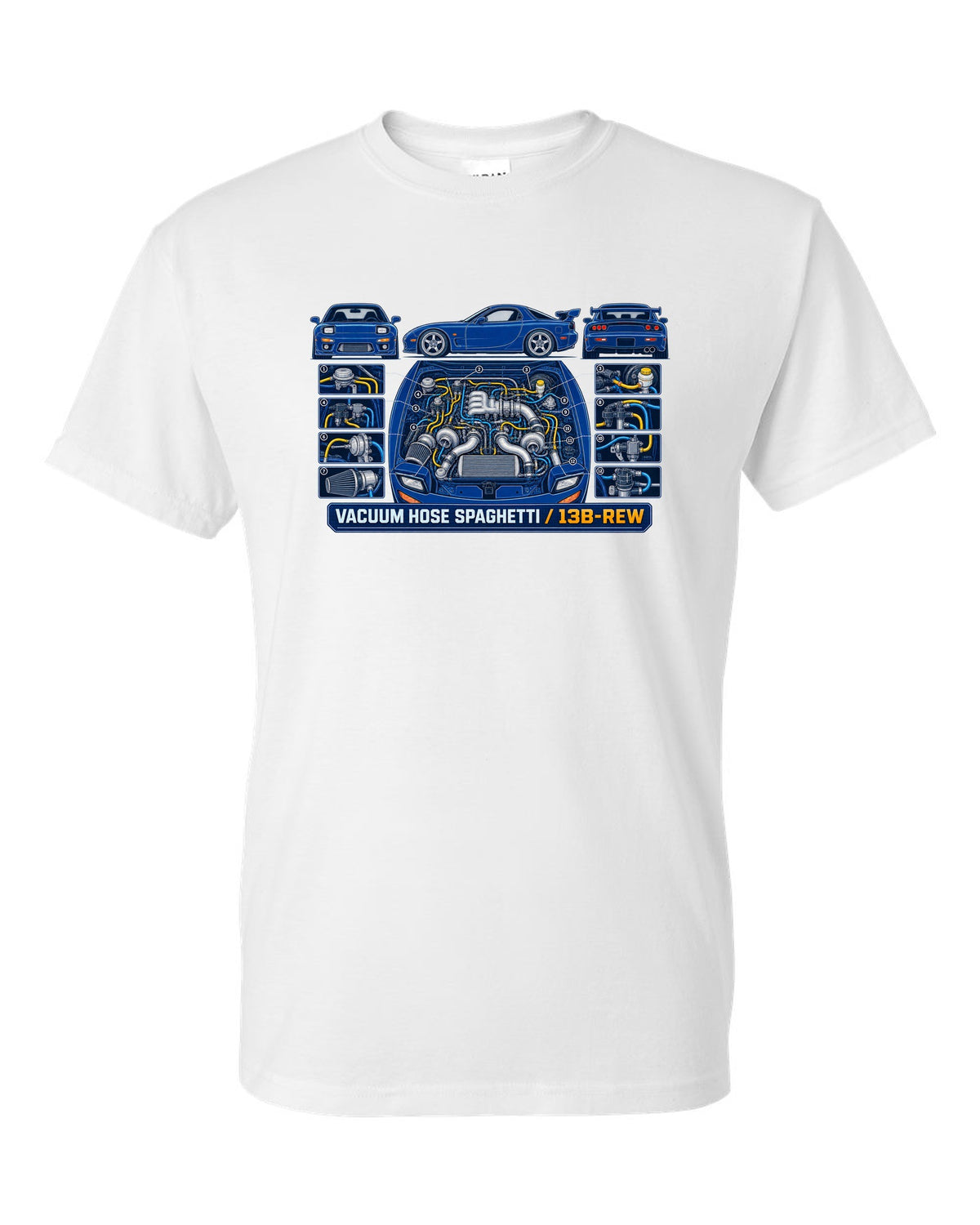 Patent drawing schematic print of a Mazda RX-7 FD3S 13B-REW with text Vacuum Hose Spaghetti white t-shirt front view with the design