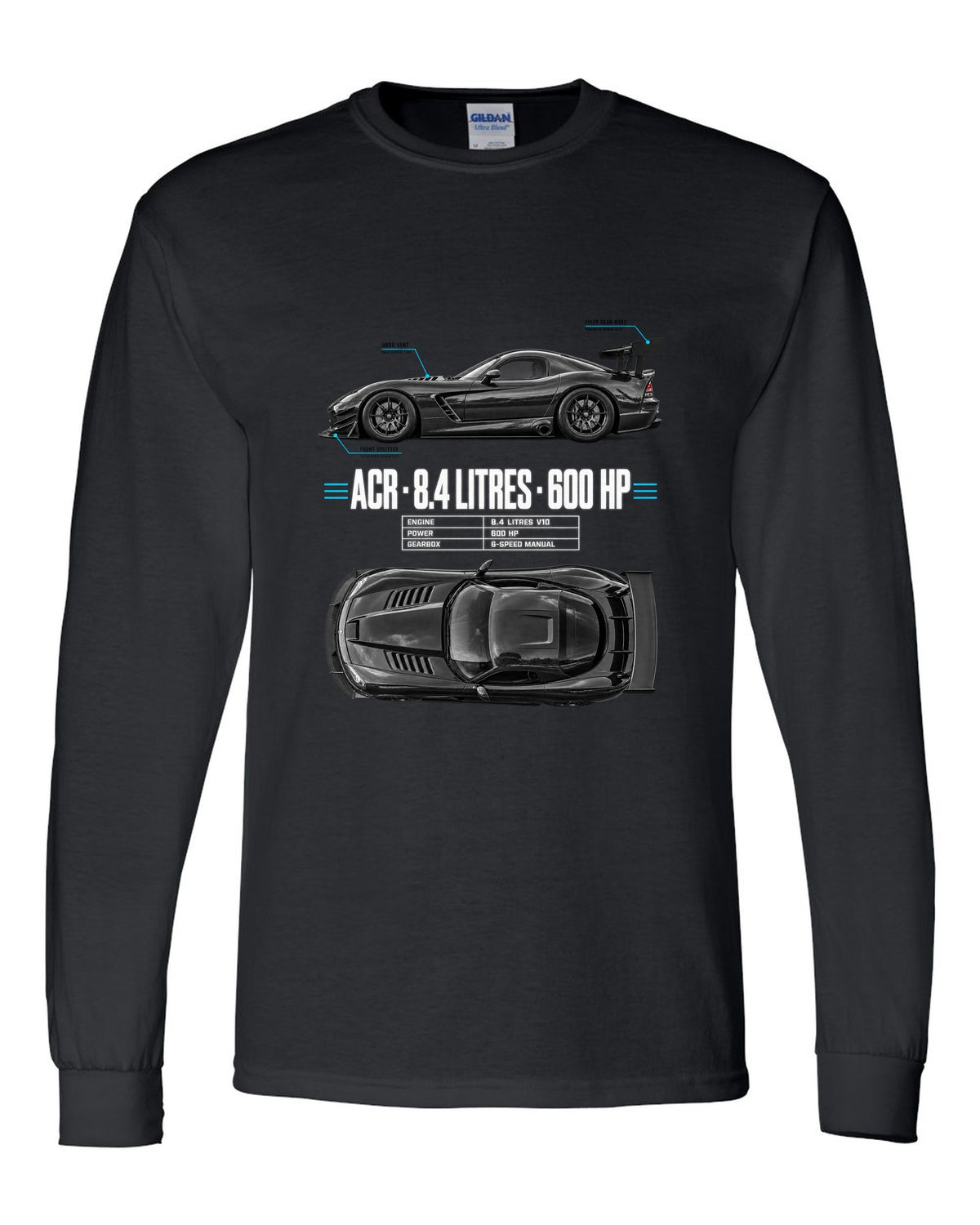 2008 Dodge Viper ACR ZB II top-down and profile spec poster print black long sleeve front view with the design