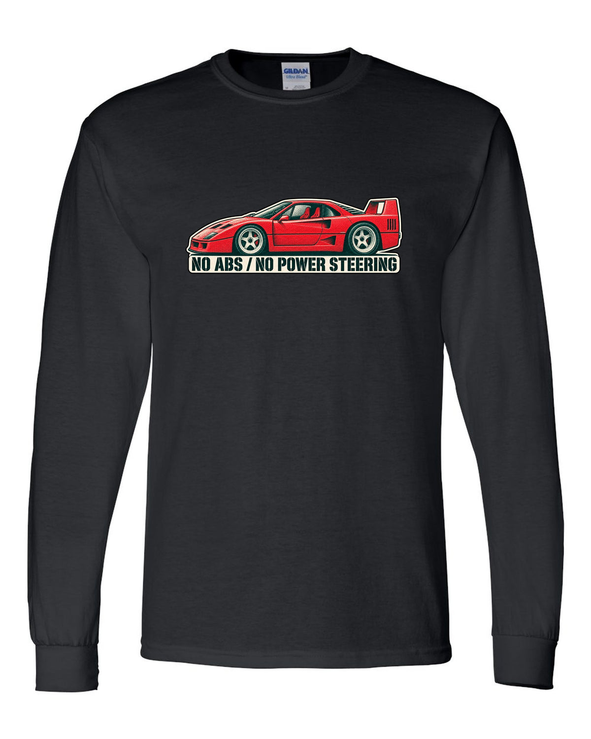 Two-colour halftone risograph print of a 1987 Ferrari F40 F120 with no ABS and no power steering text black long sleeve front view with the design