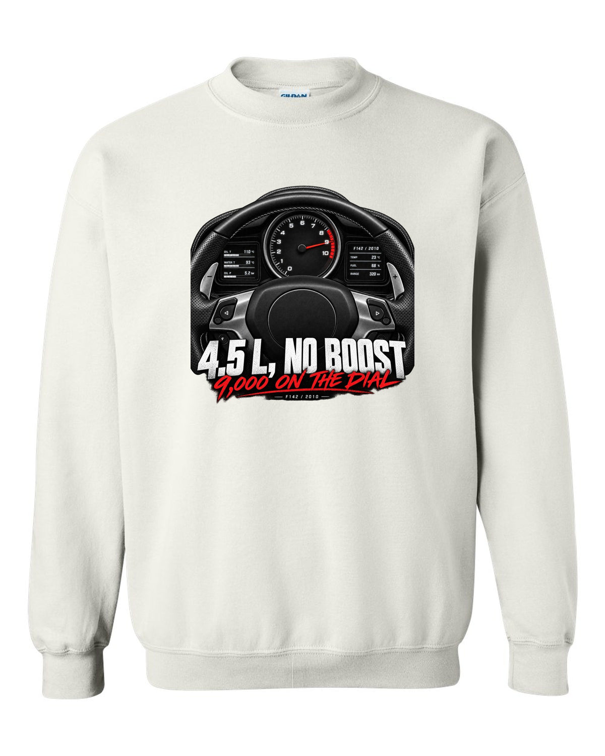 Cockpit gauge print of a Ferrari 458 Italia instrument cluster with 9,000 on the dial white crewneck front view with the design