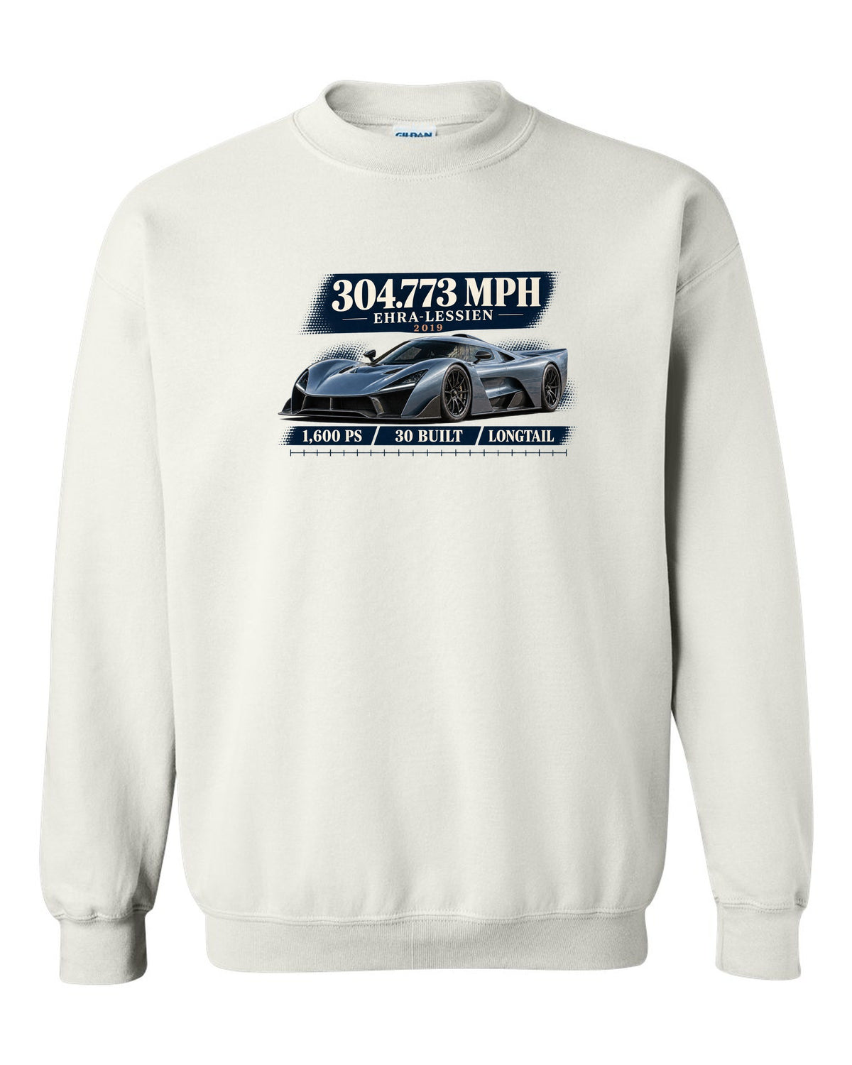 Bugatti Chiron Super Sport 300+ archive panel print with 304.773 mph record white crewneck front view with the design