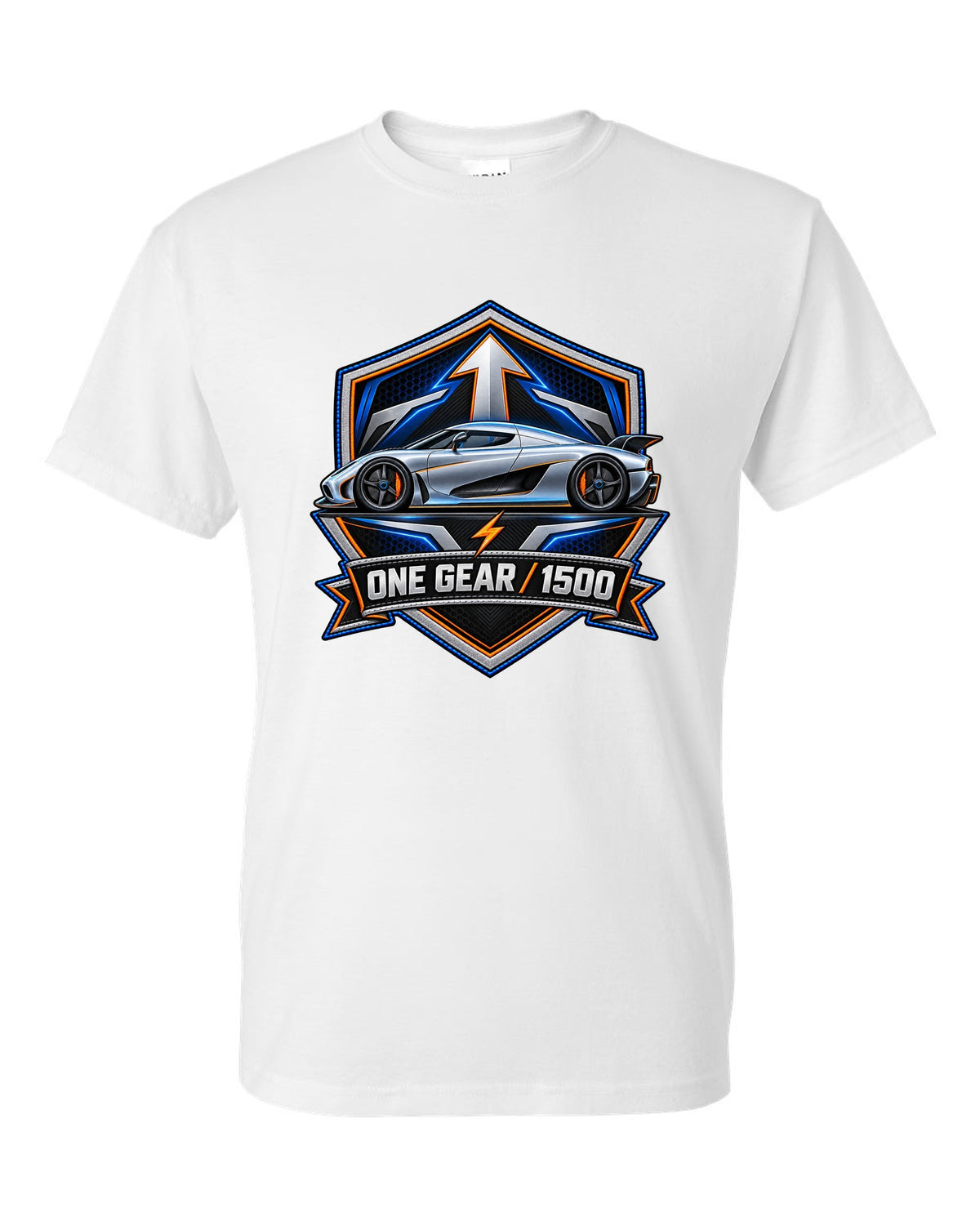 Embroidery-style varsity crest for the Koenigsegg Regera with ONE GEAR 1500 lettering white t-shirt front view with the design