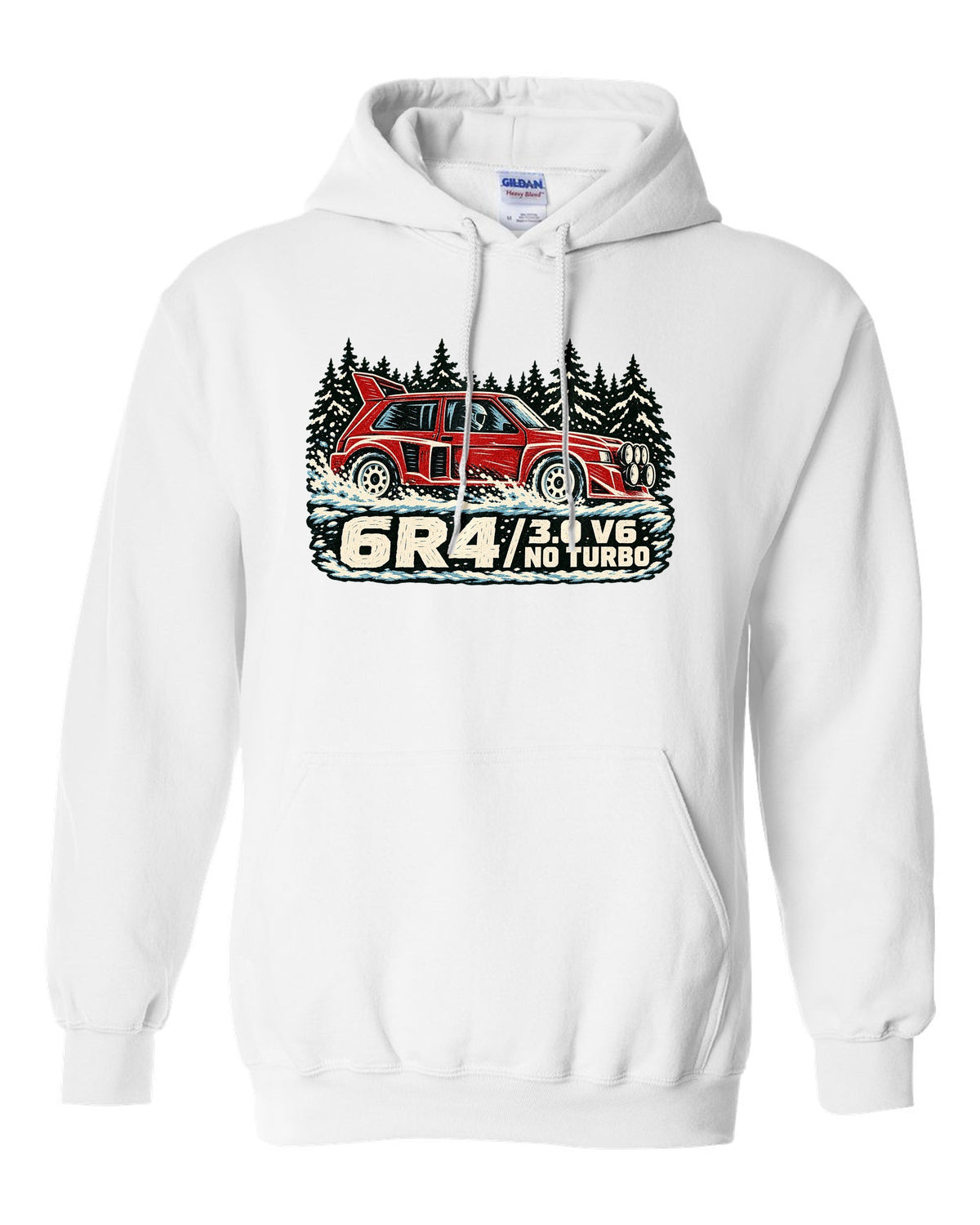 Linocut style print of an MG Metro 6R4 with 3.0 V6 and no turbo lettering white pull over hoodie front view with the design
